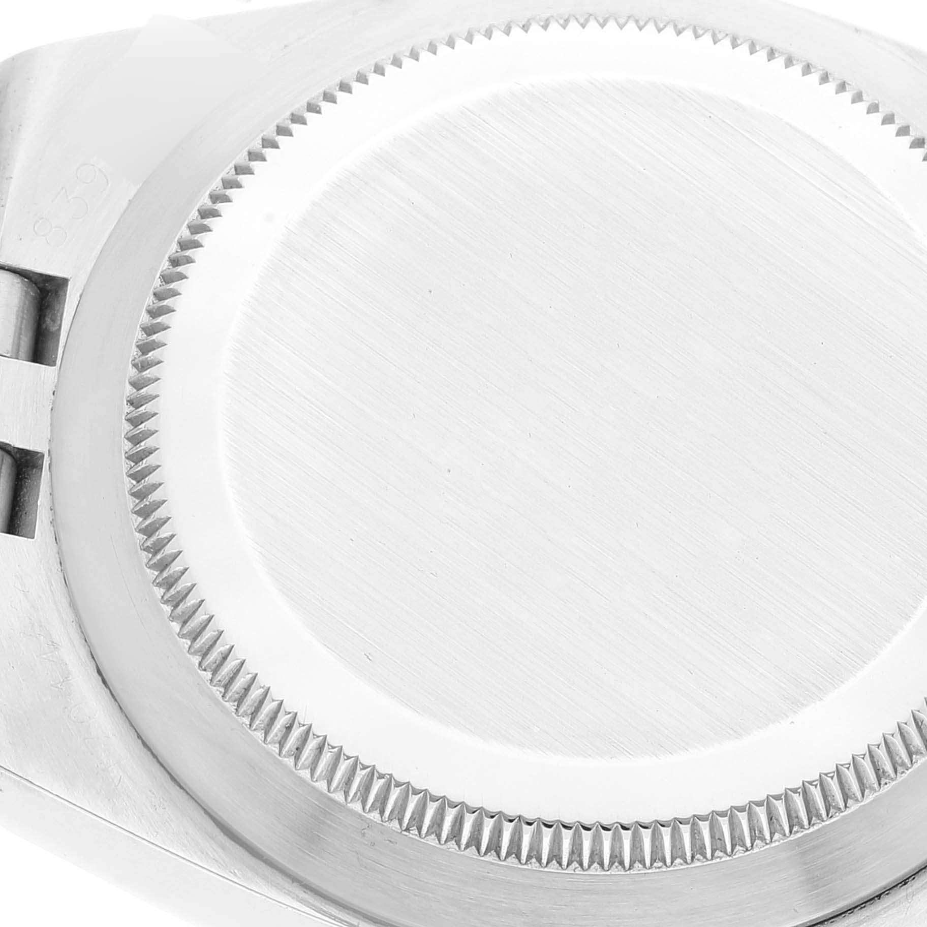 The image shows the case back of a Rolex Oysterquartz 17014 Men
s Stainless Steel White Dial 17014 Men
s Stainless Steel White Dial watch viewed up close and centered.