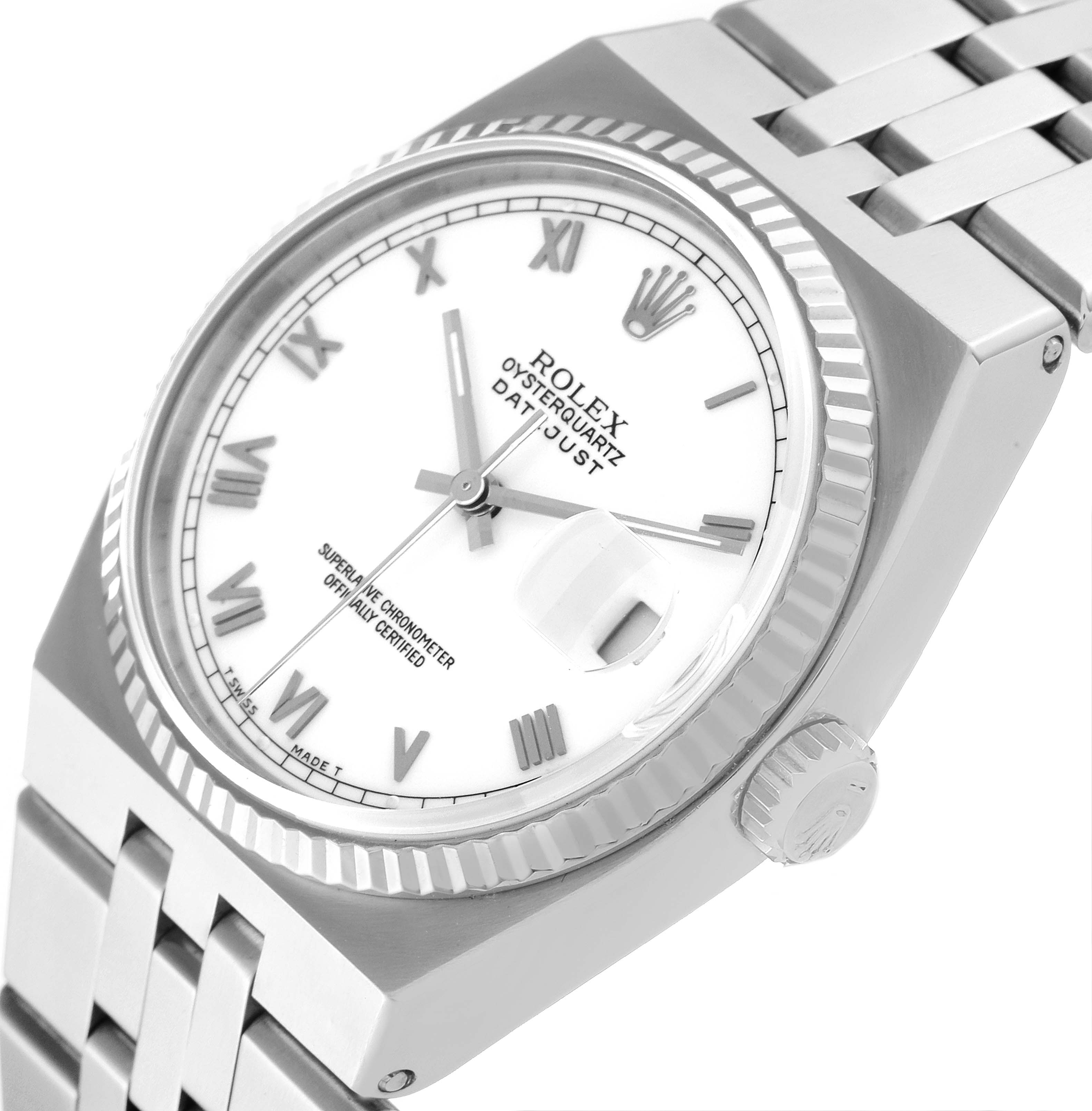 This image shows the Rolex Oysterquartz 17014 Men
s Stainless Steel White Dial 17014 Men
s Stainless Steel White Dial Datejust watch from a tilted angle, highlighting its dial, bezel, crown, and part of the bracelet.