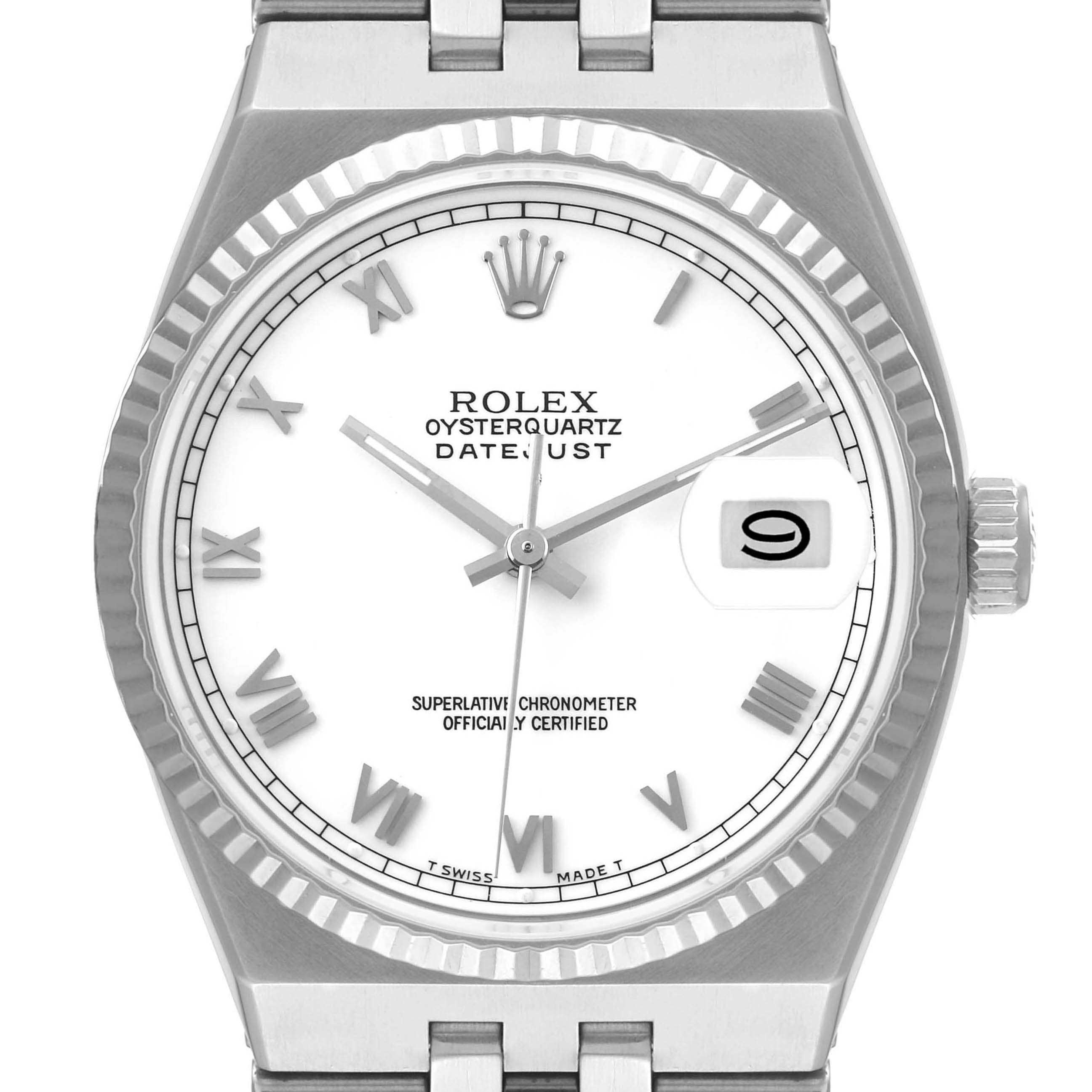 The Rolex Oysterquartz 17014 Men
s Stainless Steel White Dial 17014 Men
s Stainless Steel White Dial watch is shown from a top-view angle, displaying the dial, bezel, crown, and part of the bracelet.