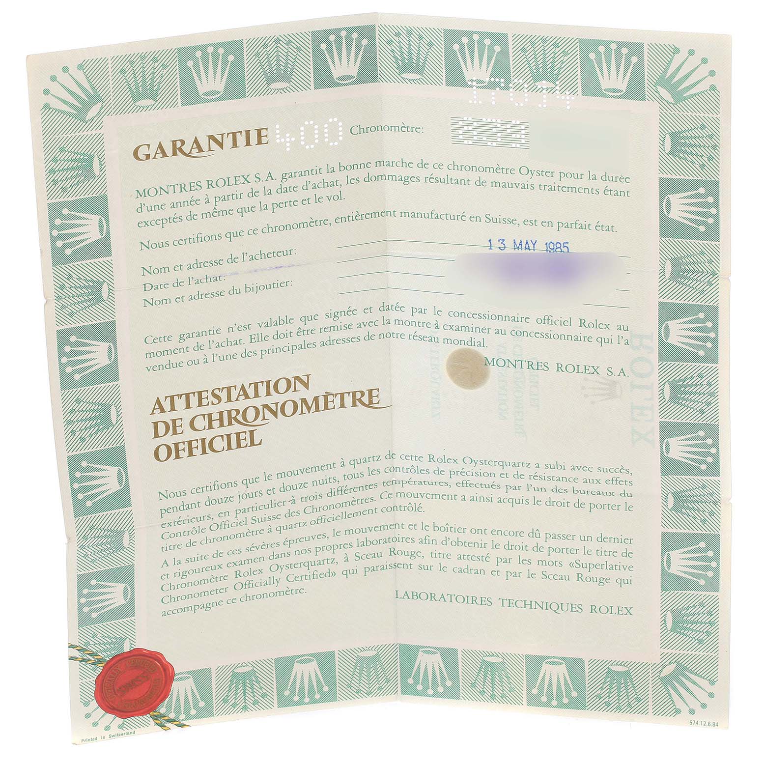 This image shows the warranty certificate for the Rolex Oysterquartz 17014 Men
s Stainless Steel White Dial 17014 Men
s Stainless Steel White Dial model.