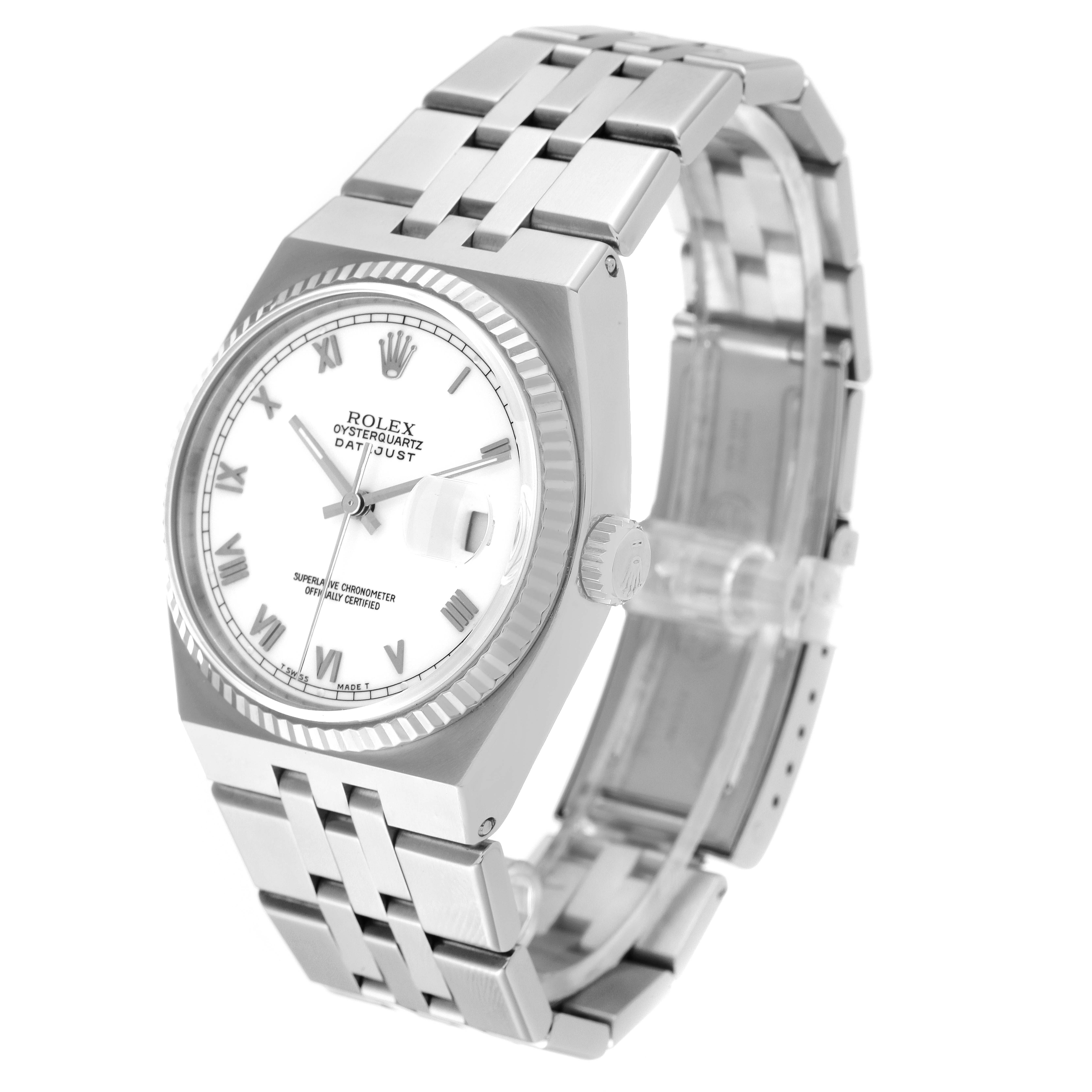 The image shows a Rolex Oysterquartz 17014 Men
s Stainless Steel White Dial 17014 Men
s Stainless Steel White Dial watch at a three-quarter angle, highlighting the dial, fluted bezel, crown, and bracelet.