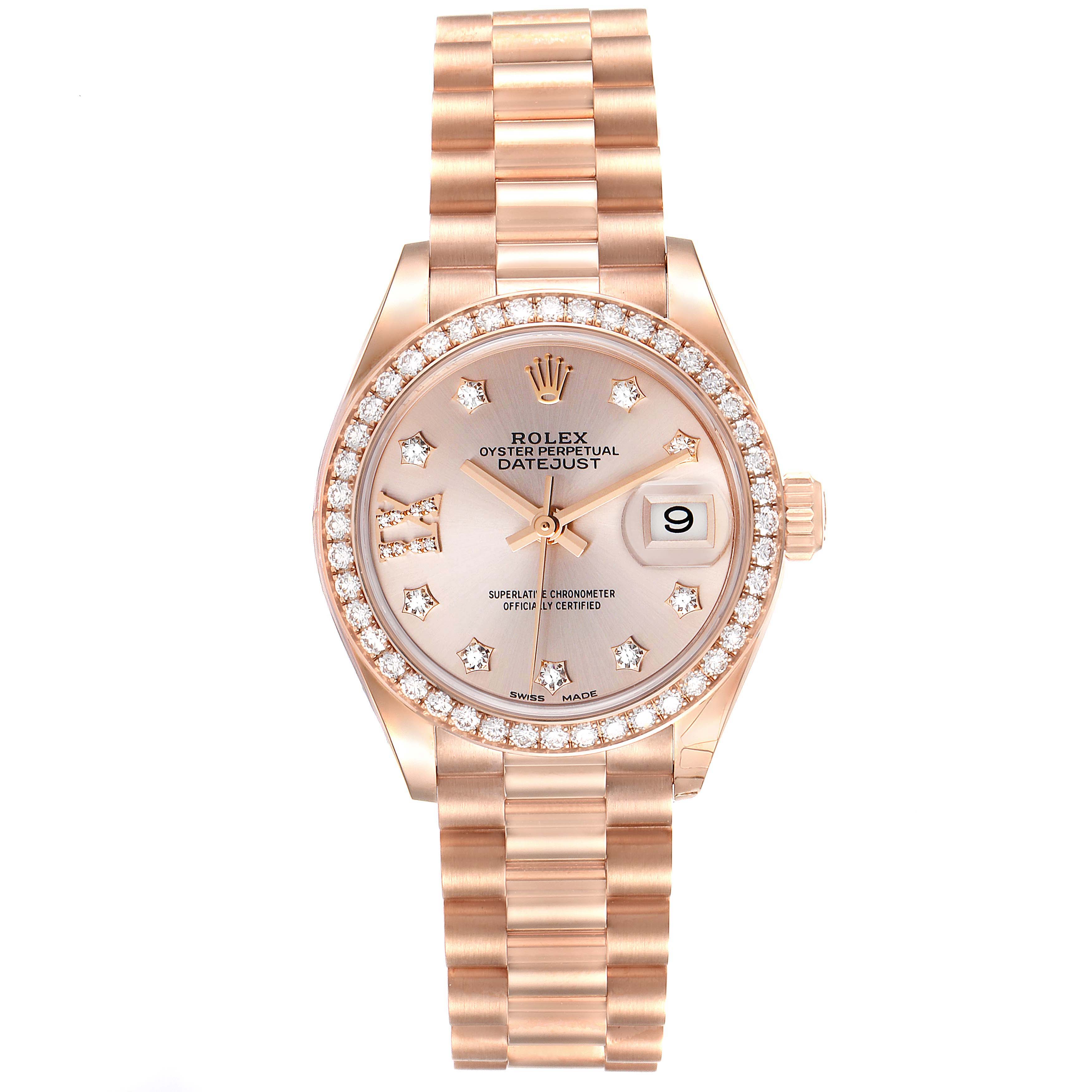 This image shows a frontal view of the Rolex President 279135 Women's Rose Gold Silver Dial 279135 Women's Rose Gold Silver Dial model watch, displaying its dial, bezel, hands, date window, and bracelet.
