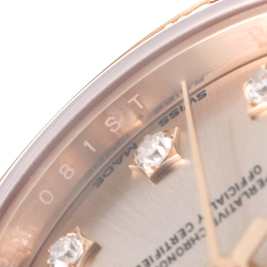 The close-up image shows the dial and diamond markers of the Rolex President 279135 Women's Rose Gold Silver Dial 279135 Women's Rose Gold Silver Dial model watch.