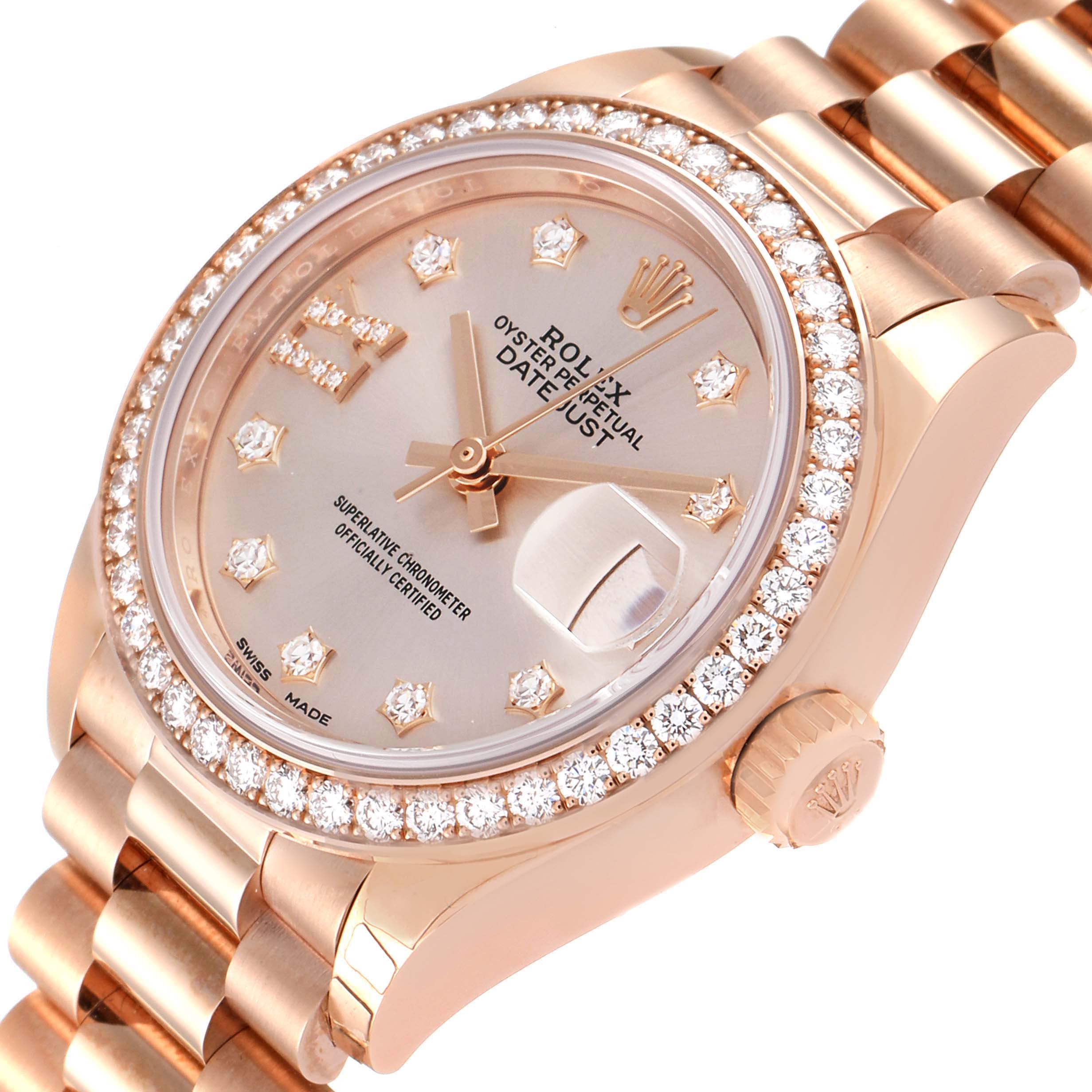 This image shows a Rolex President 279135 Women's Rose Gold Silver Dial 279135 Women's Rose Gold Silver Dial model watch from an angled close-up, highlighting the dial, bezel, and part of the bracelet.