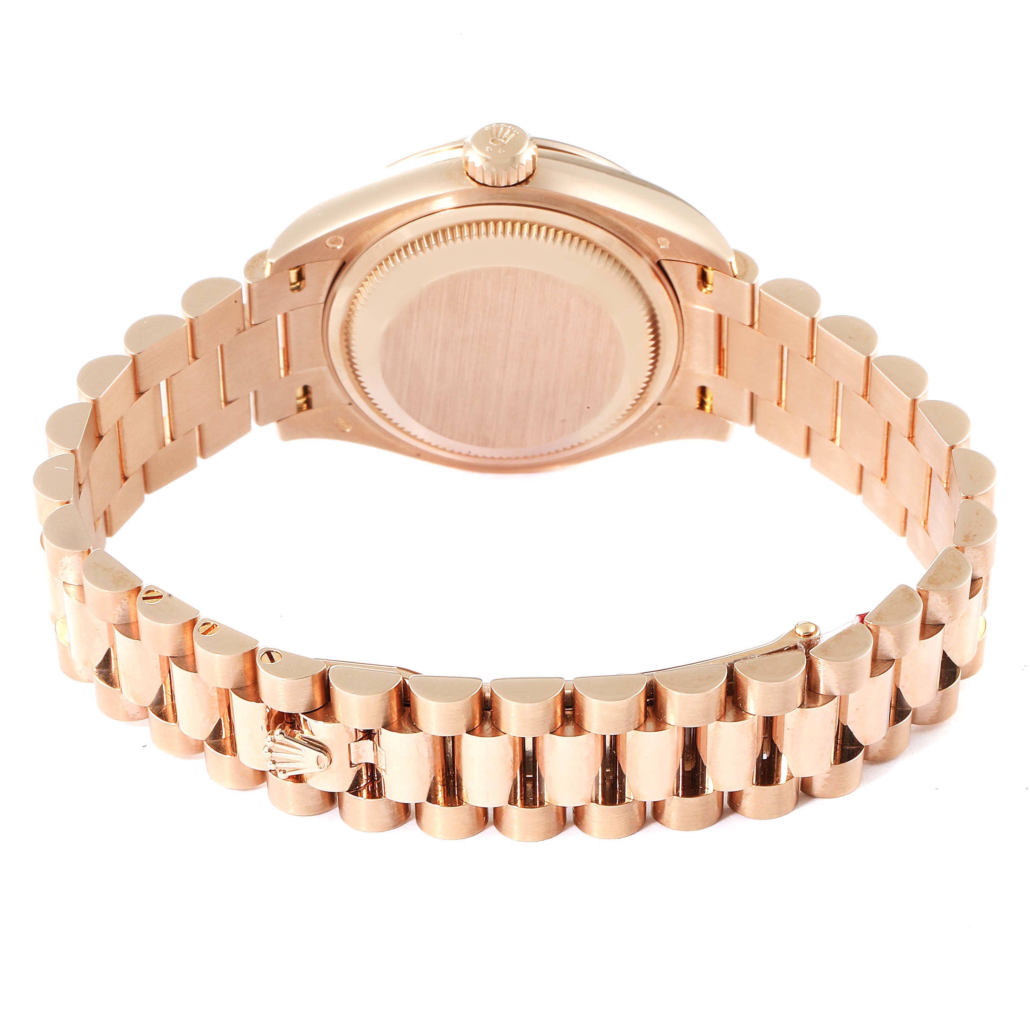 This image shows the back view of the Rolex President 279135 Women's Rose Gold Silver Dial 279135 Women's Rose Gold Silver Dial model watch, highlighting the case back and bracelet.