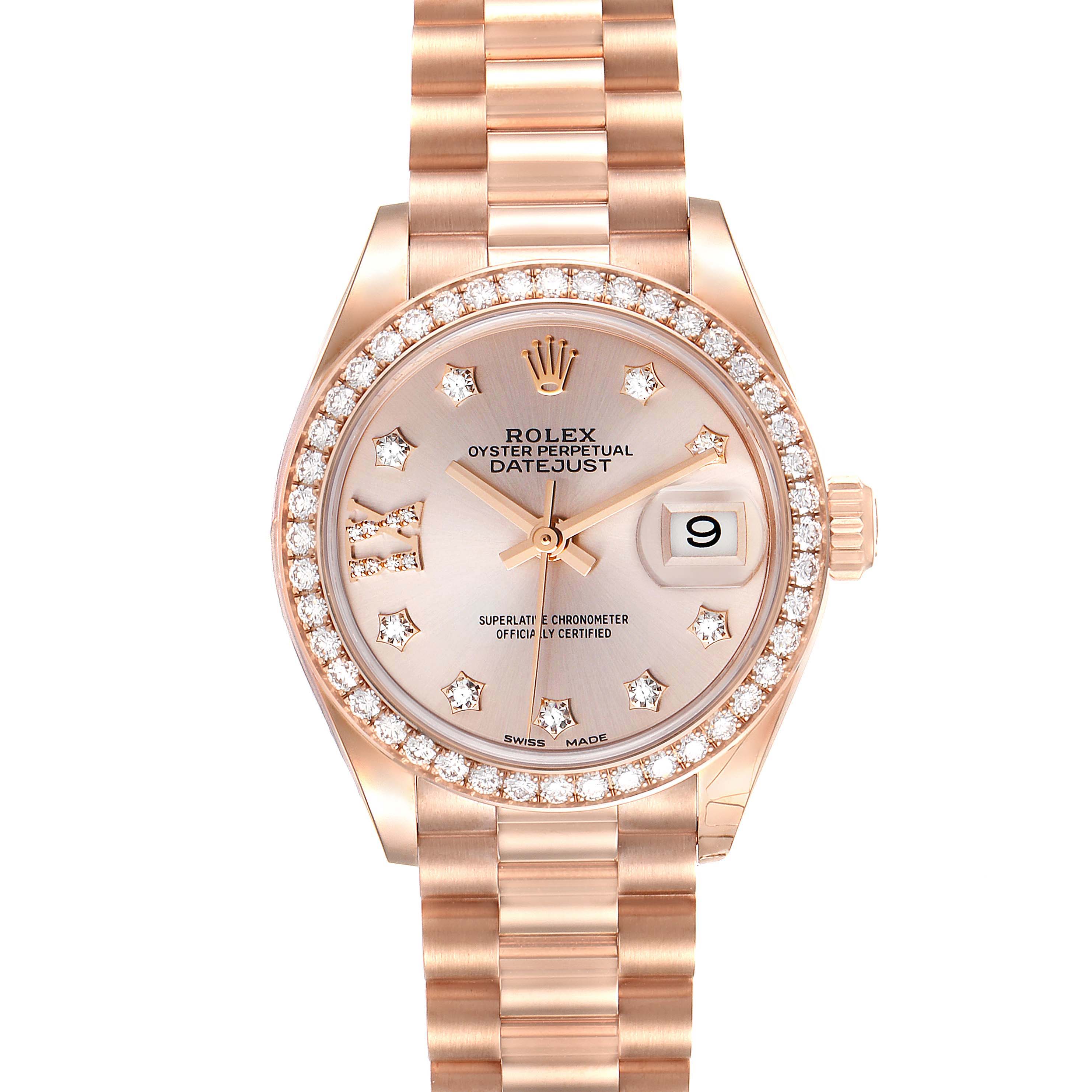 The image shows a front view of a Rolex President 279135 Women's Rose Gold Silver Dial 279135 Women's Rose Gold Silver Dial model watch, highlighting its rose gold finish, diamond-set bezel, and bracelet.