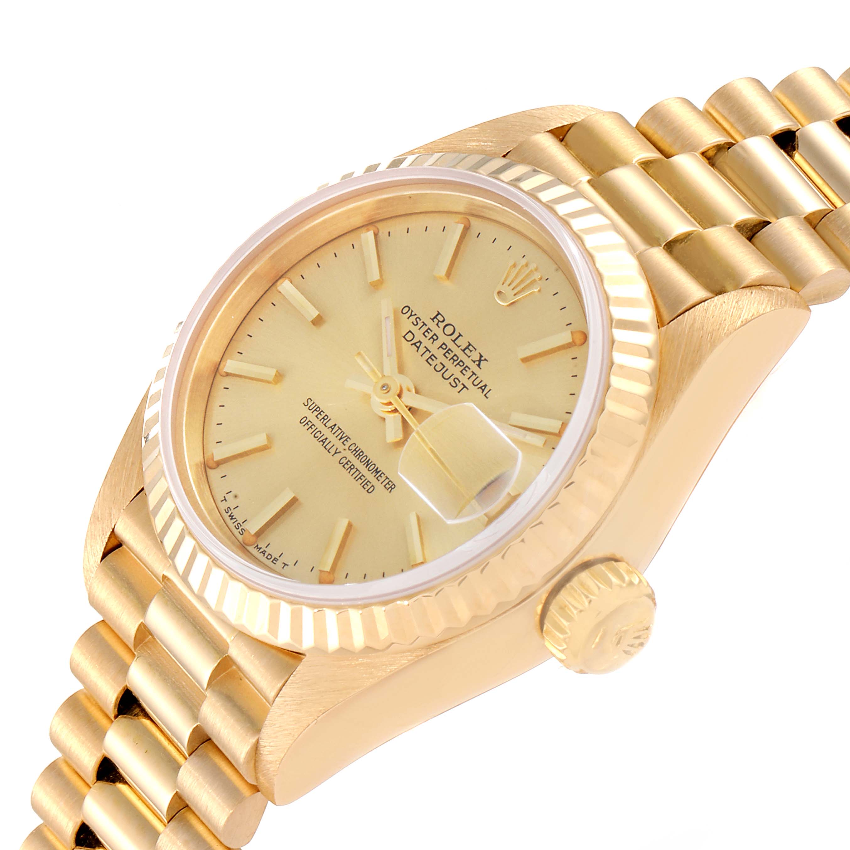 The image shows an angled view of a Rolex President 69178 Women's Yellow Gold Champagne Dial 69178 Women's Yellow Gold Champagne Dial model, highlighting the watch face, bezel, crown, and part of the bracelet.