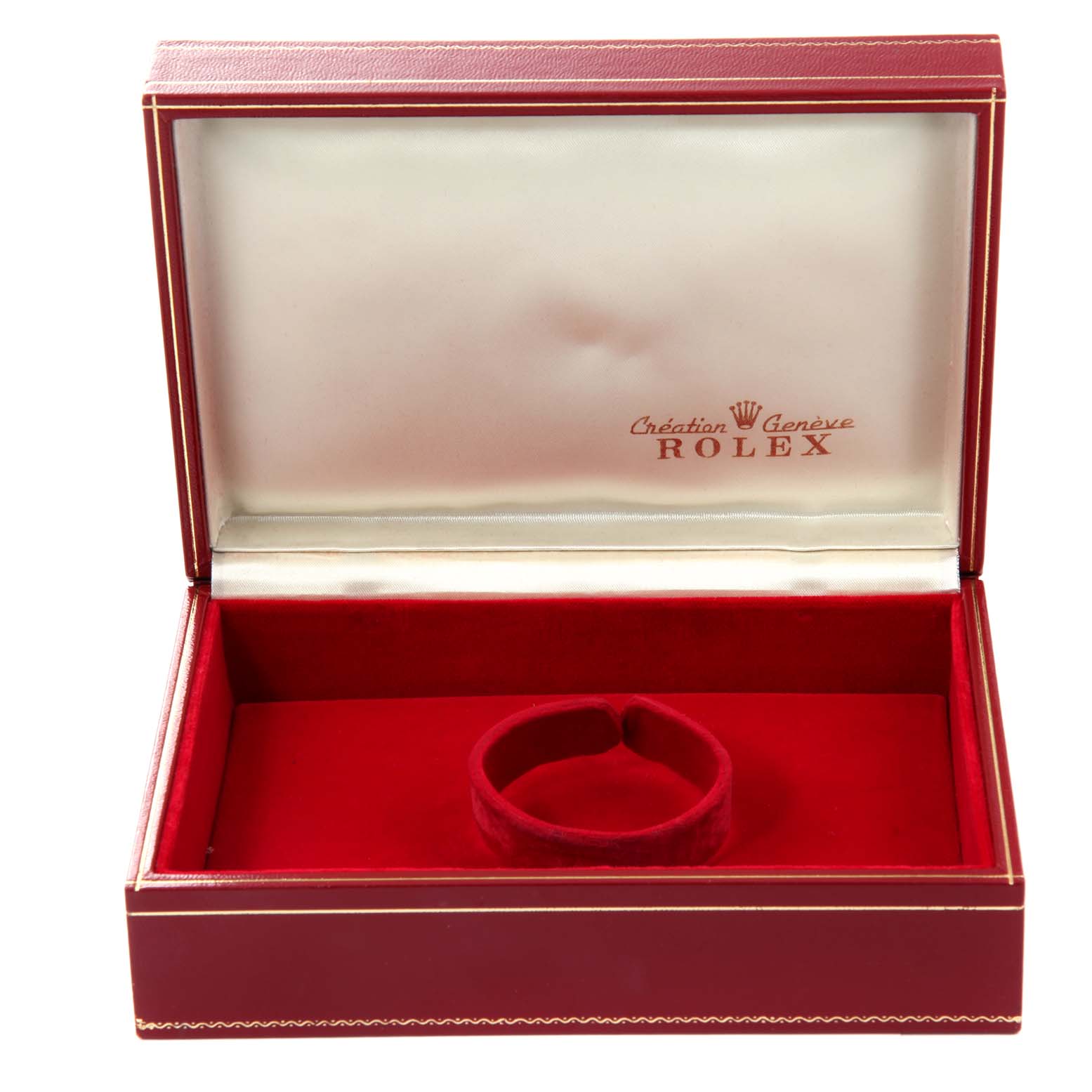 The image shows an empty red box with a cushion holder for the Rolex President 69178 Women's Yellow Gold Champagne Dial 69178 Women's Yellow Gold Champagne Dial model watch.