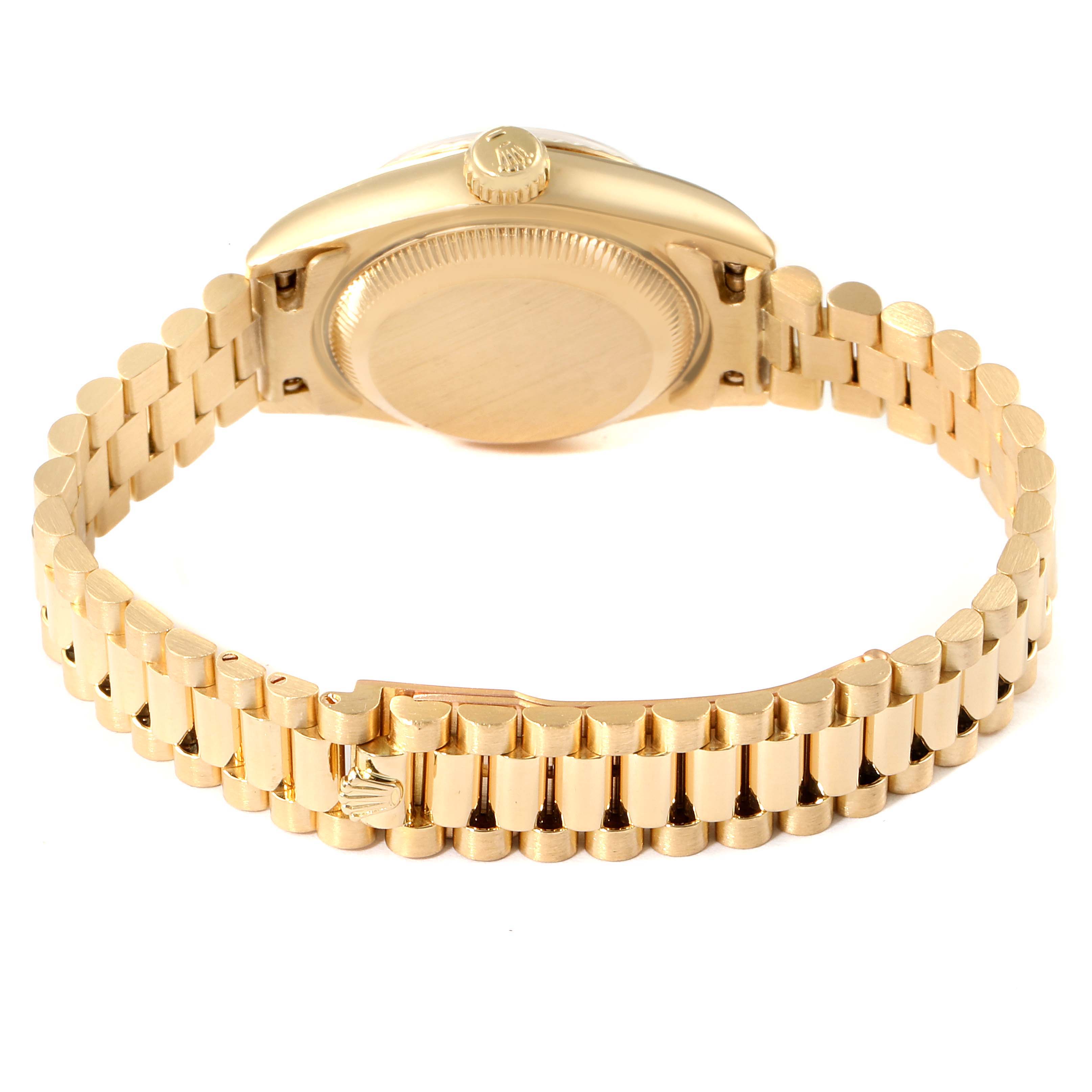 The image shows the back and side view of a Rolex President 69178 Women's Yellow Gold Champagne Dial 69178 Women's Yellow Gold Champagne Dial model watch focusing on its case back and bracelet.