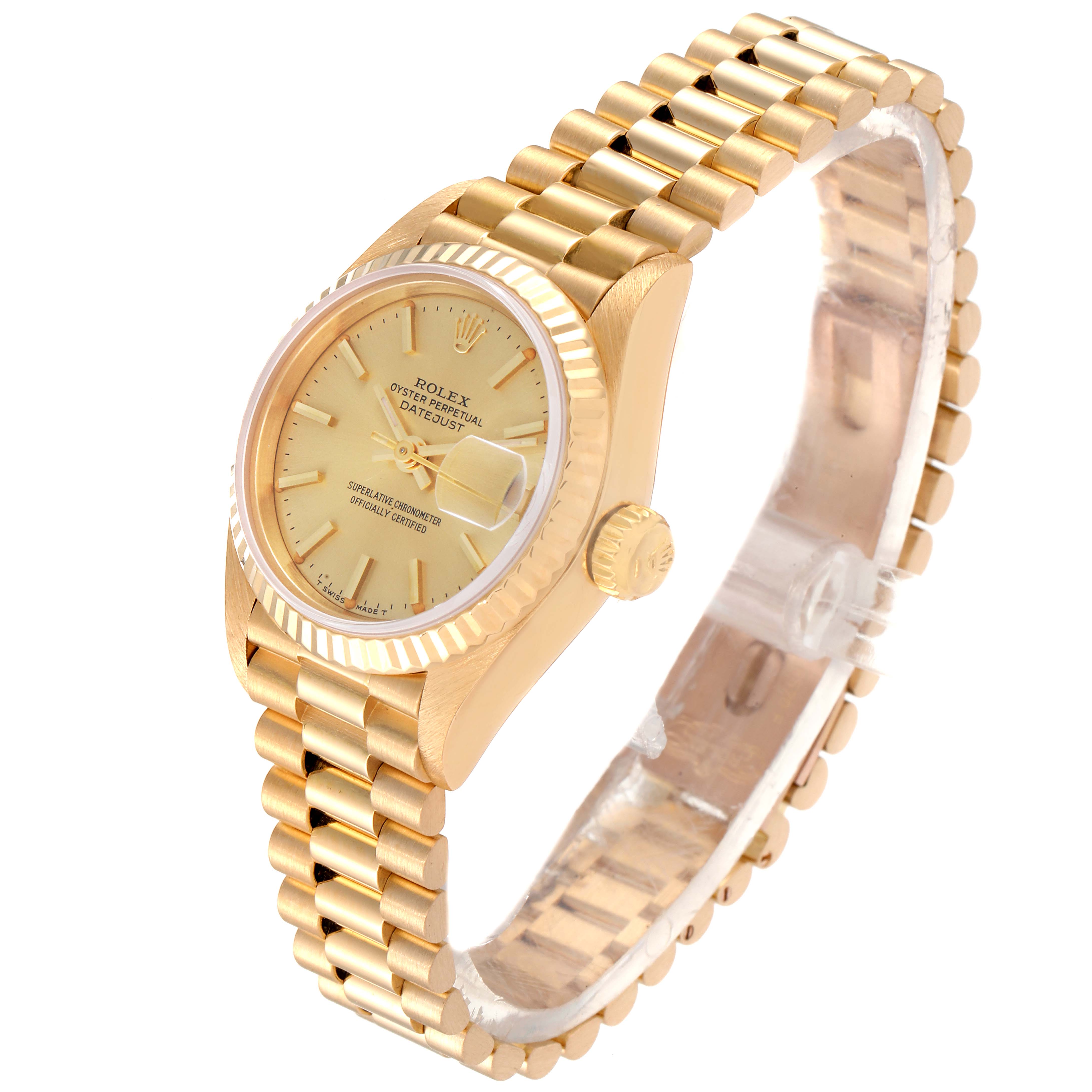 This image shows a side angle of the Rolex President 69178 Women's Yellow Gold Champagne Dial 69178 Women's Yellow Gold Champagne Dial model watch, highlighting its gold bracelet, crown, and face.