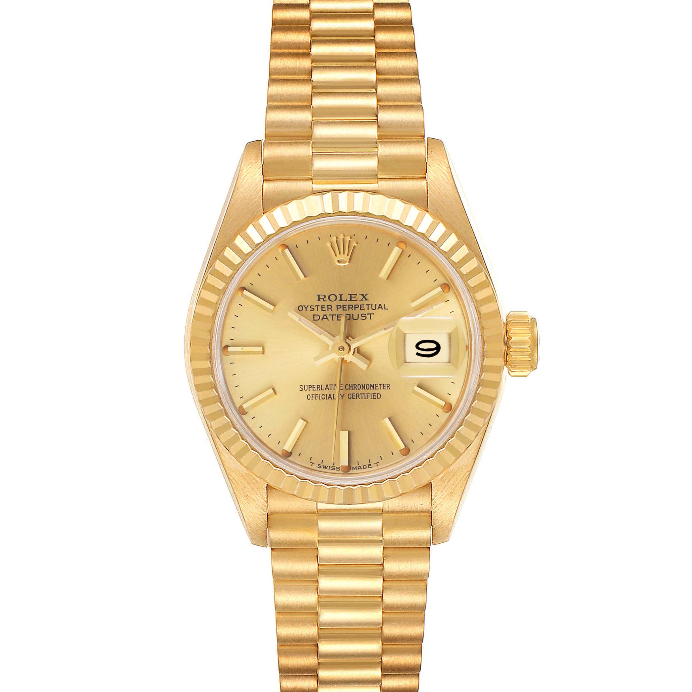 This image shows a Rolex President 69178 Women's Yellow Gold Champagne Dial 69178 Women's Yellow Gold Champagne Dial model watch from a front view, displaying its dial, bezel, case, and bracelet.