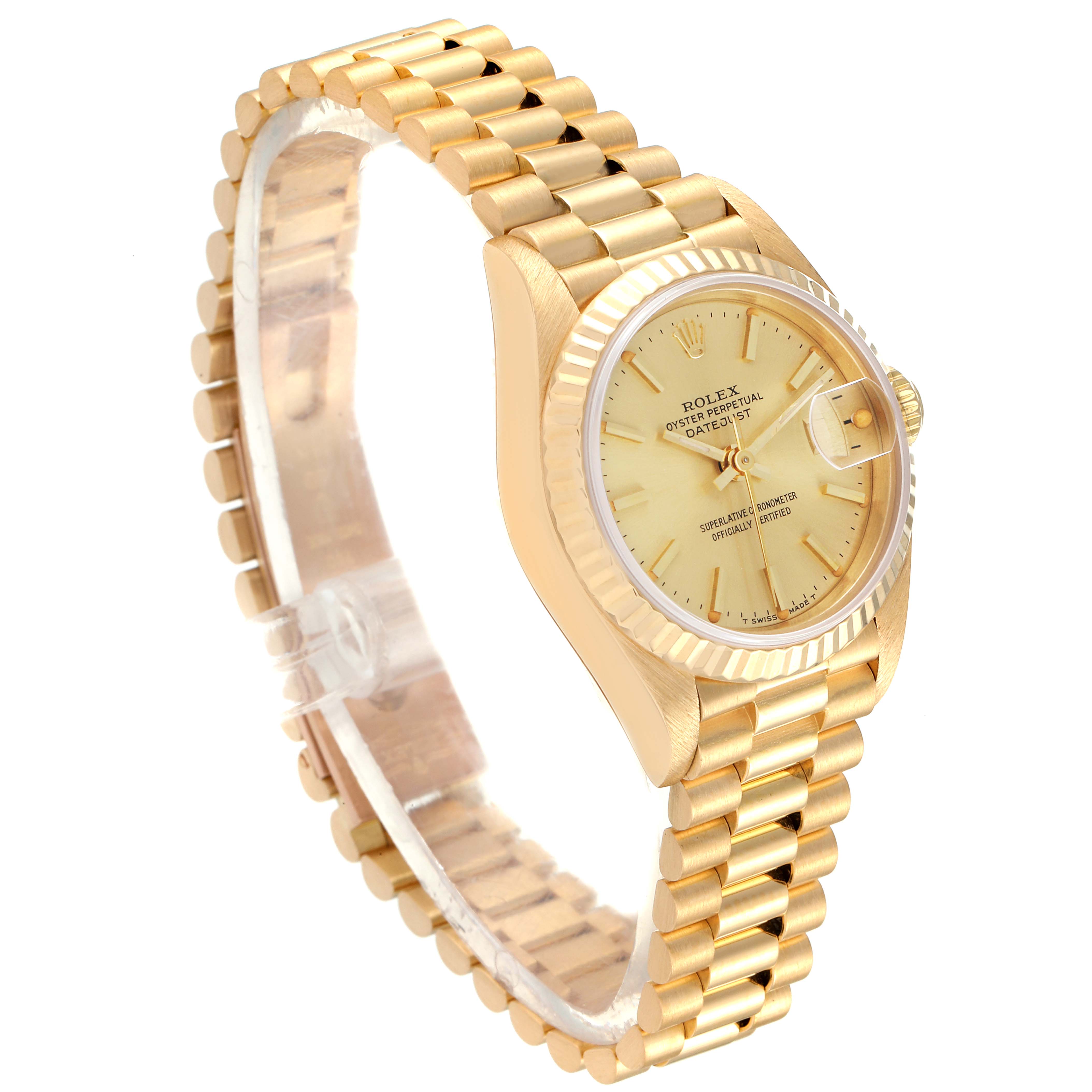 The image shows a Rolex President 69178 Women's Yellow Gold Champagne Dial 69178 Women's Yellow Gold Champagne Dial model watch at a 3/4 angle, highlighting its gold bracelet, dial, and case.