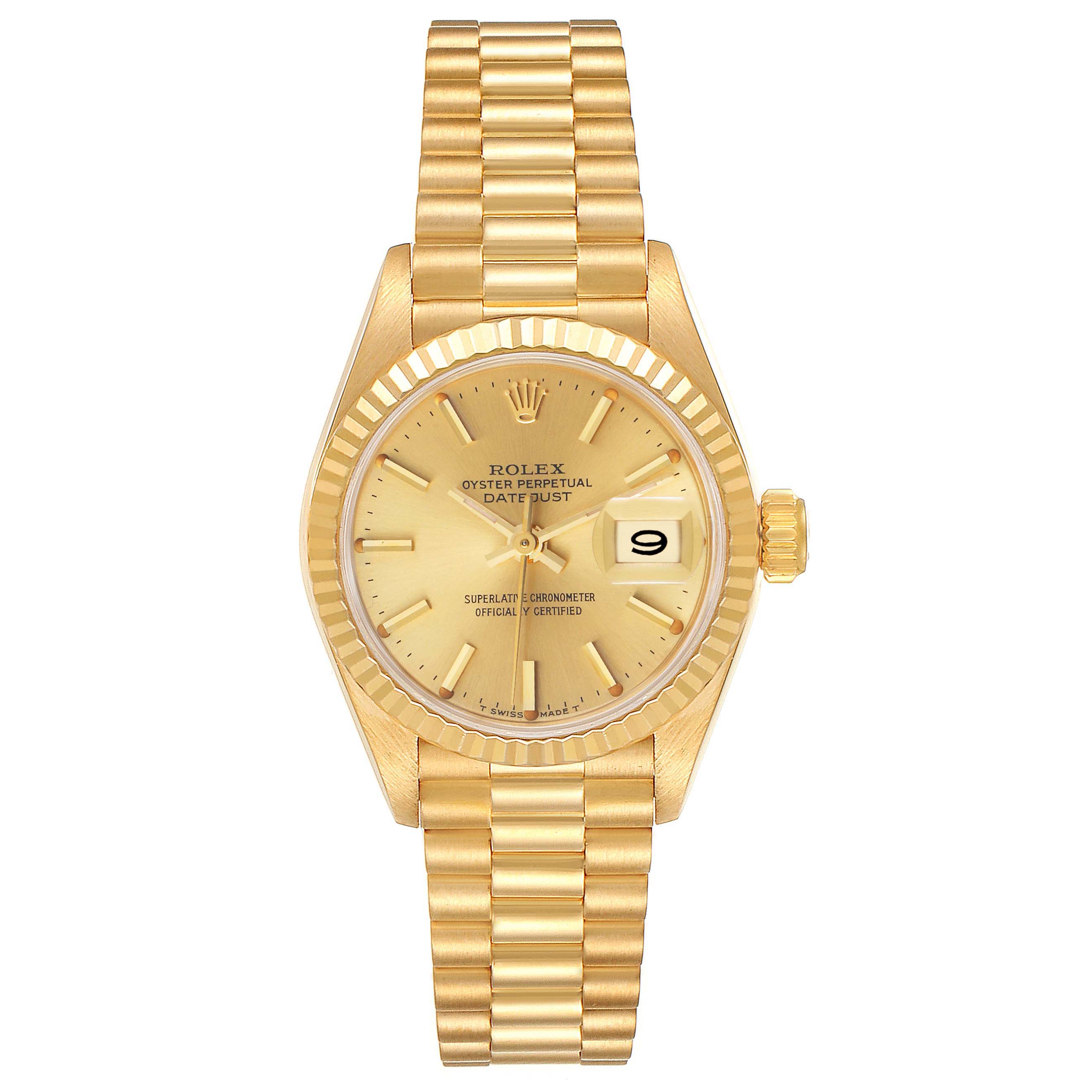 The image shows a frontal view of the Rolex President 69178 Women's Yellow Gold Champagne Dial 69178 Women's Yellow Gold Champagne Dial model, displaying the dial, bezel, bracelet, and crown.