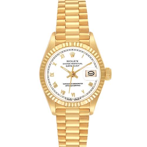 The image shows a frontal view of the Rolex President 69178 Women's Yellow Gold White Dial Datejust with its gold bracelet, bezel, and dial visible.