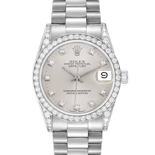 The Rolex President 68159 Women's White Gold Silver Dial model is shown from the front, displaying the dial, diamond bezel, and bracelet.