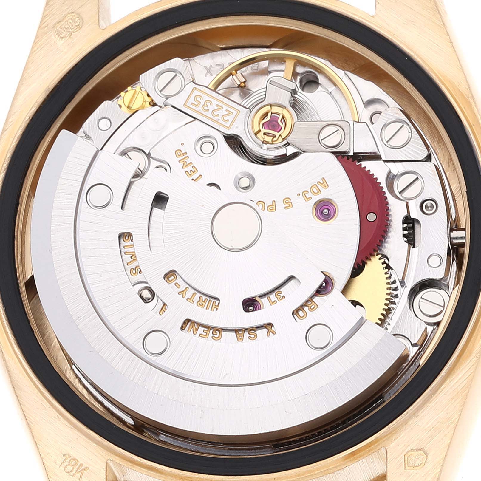 This image shows the internal mechanism and movement of a Rolex President 79178 Women's Yellow Gold Champagne Dial 79178 Women's Yellow Gold Champagne Dial model watch from a top-down angle.
