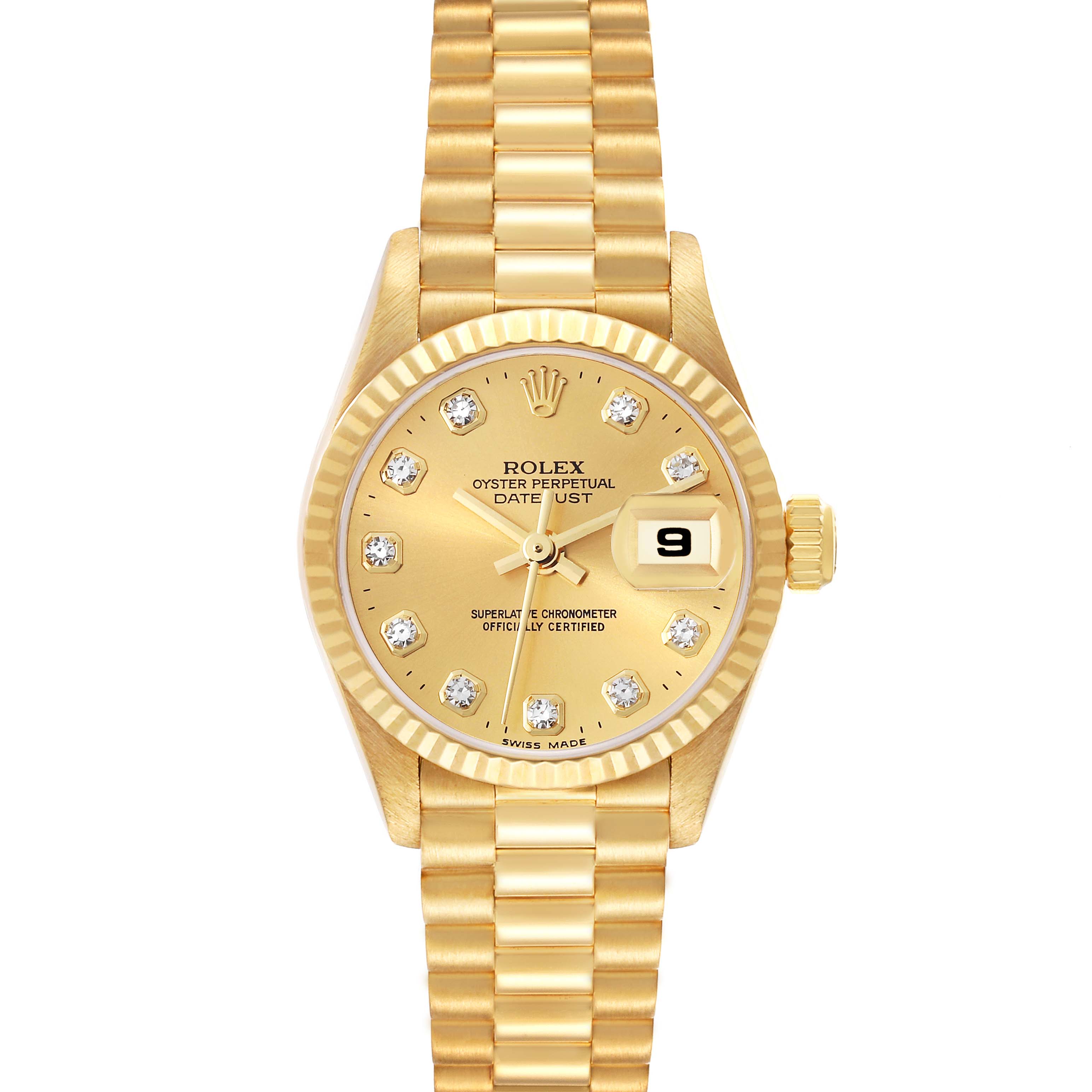 The image shows a Rolex President 79178 Women's Yellow Gold Champagne Dial 79178 Women's Yellow Gold Champagne Dial model watch, front view, highlighting the dial, bezel, and bracelet.