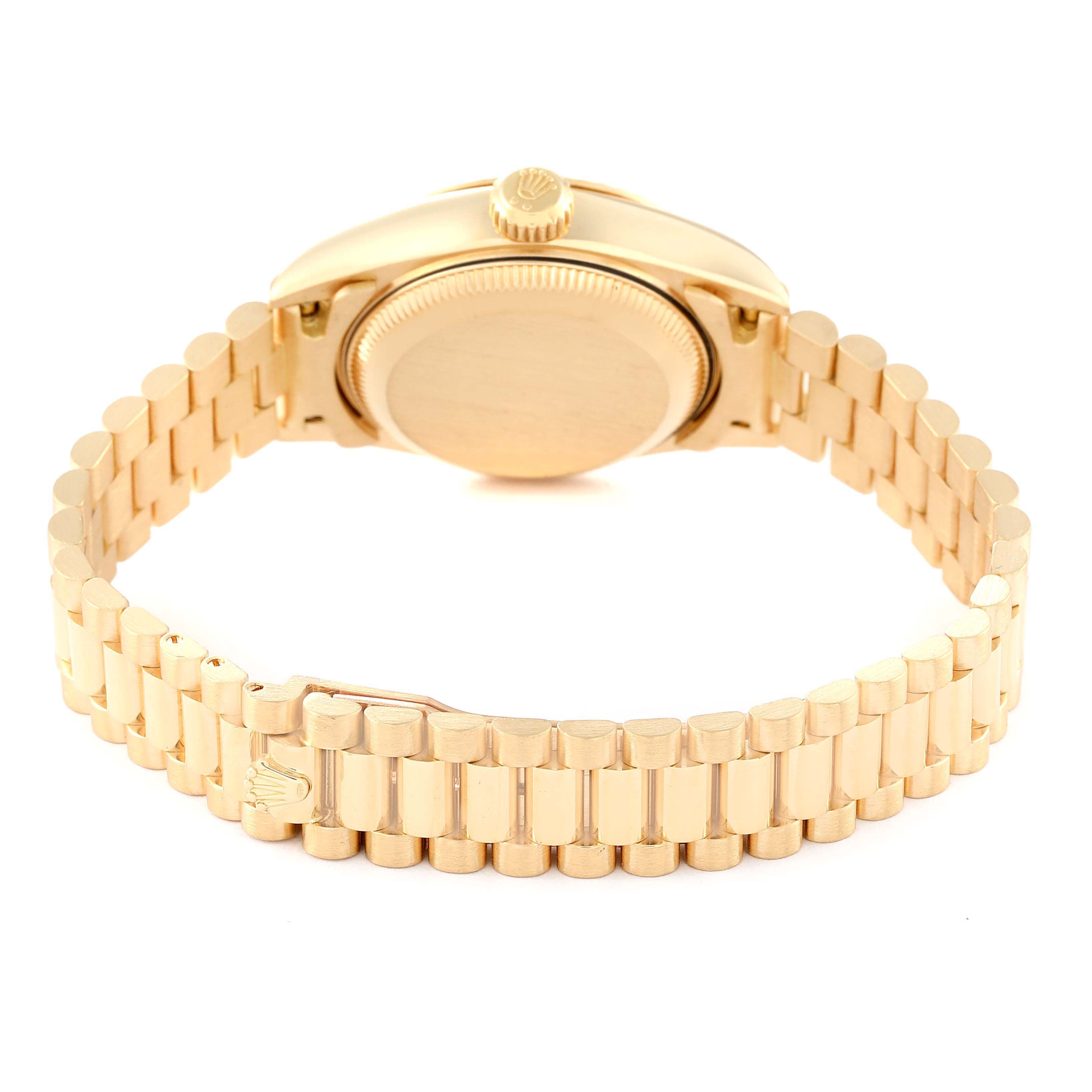 This image shows the back and bracelet of a Rolex President 79178 Women's Yellow Gold Champagne Dial 79178 Women's Yellow Gold Champagne Dial model watch, highlighting the case back and crown.