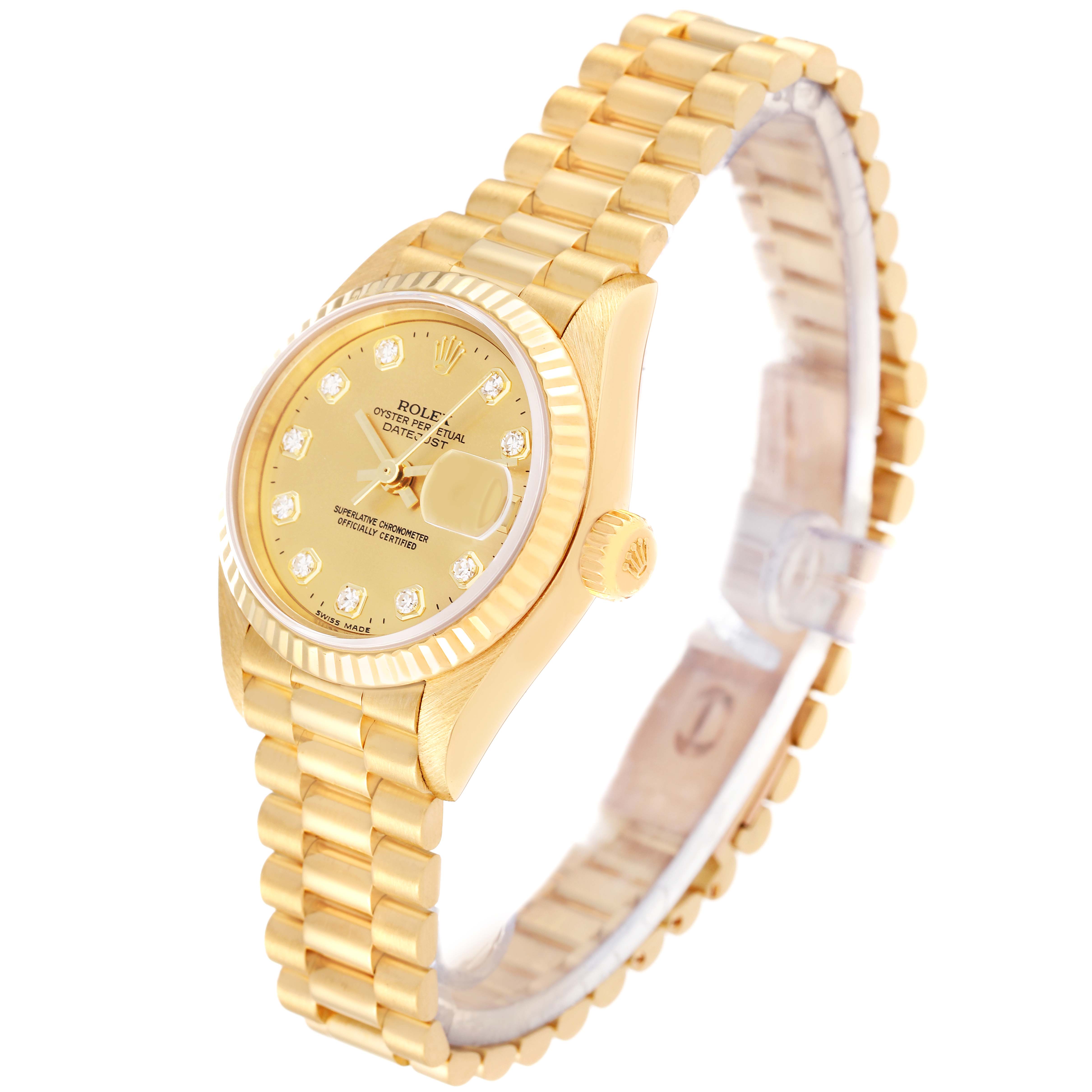 This image shows a side angle of a gold Rolex President 79178 Women's Yellow Gold Champagne Dial 79178 Women's Yellow Gold Champagne Dial model watch, highlighting its dial, crown, and bracelet.