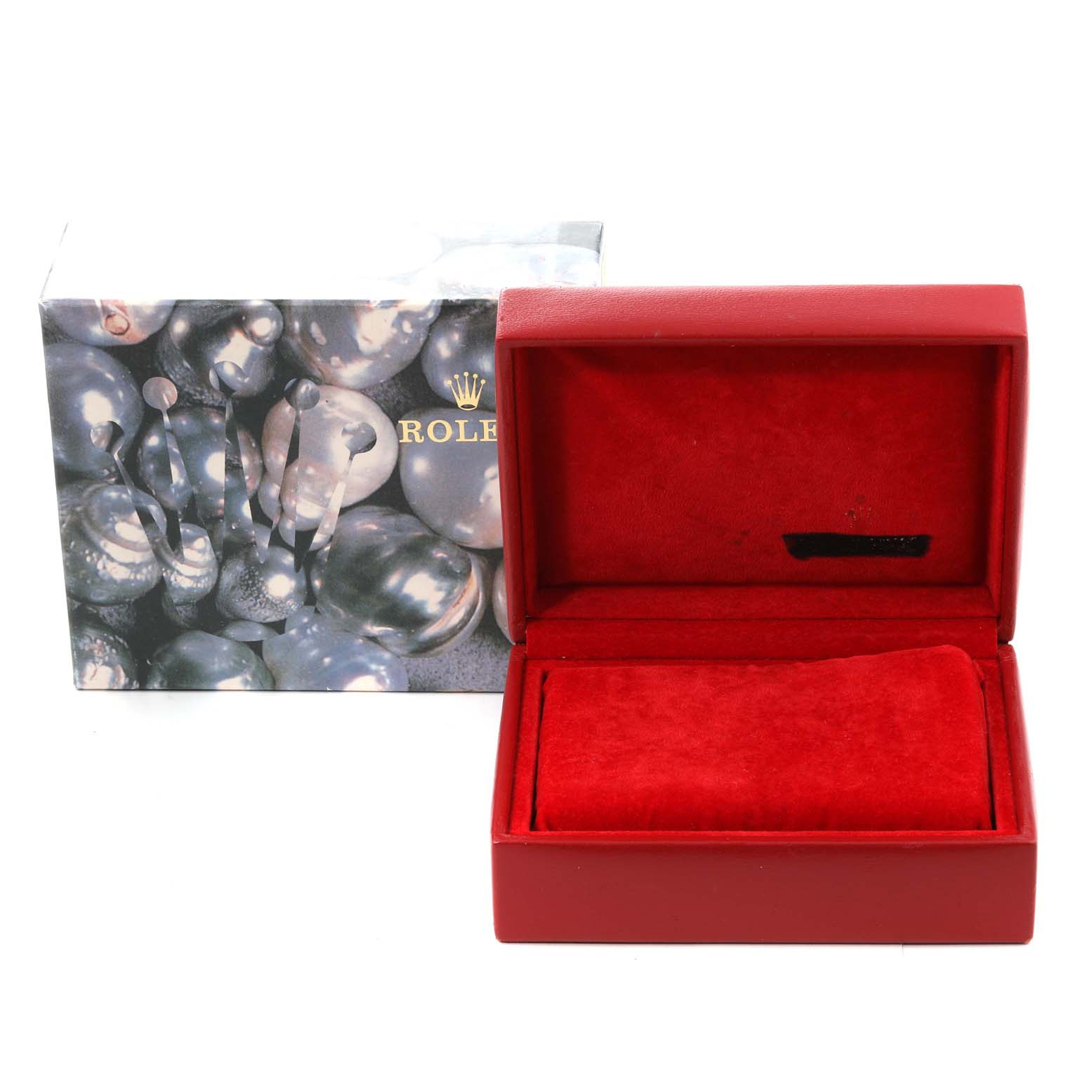 This image shows a Rolex President 79178 Women's Yellow Gold Champagne Dial 79178 Women's Yellow Gold Champagne Dial watch box and its outer packaging, with the lid open displaying the red velvet interior.