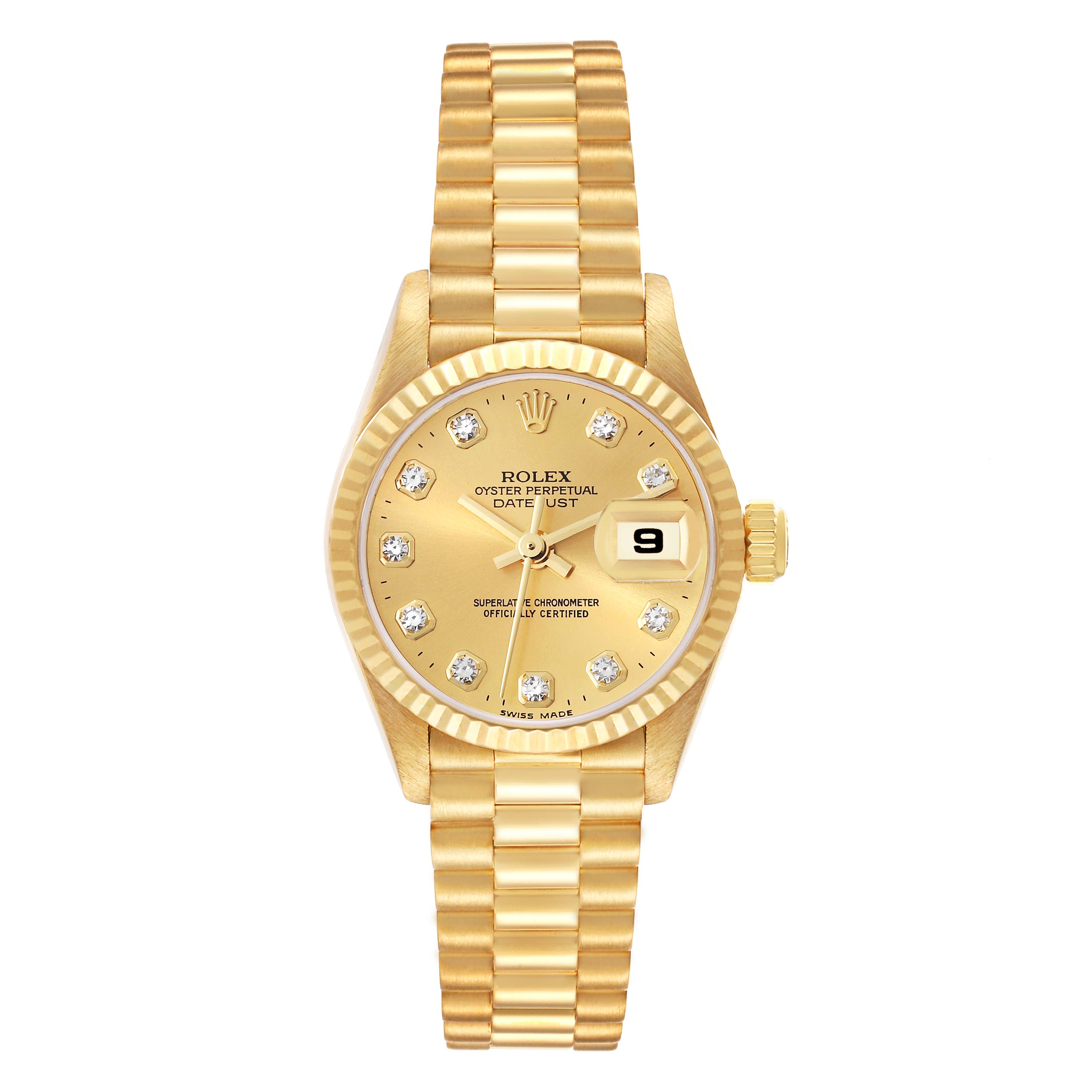 The image shows a Rolex President 79178 Women's Yellow Gold Champagne Dial 79178 Women's Yellow Gold Champagne Dial model watch from a top-down angle, highlighting its gold link bracelet, face, hands, and date window.