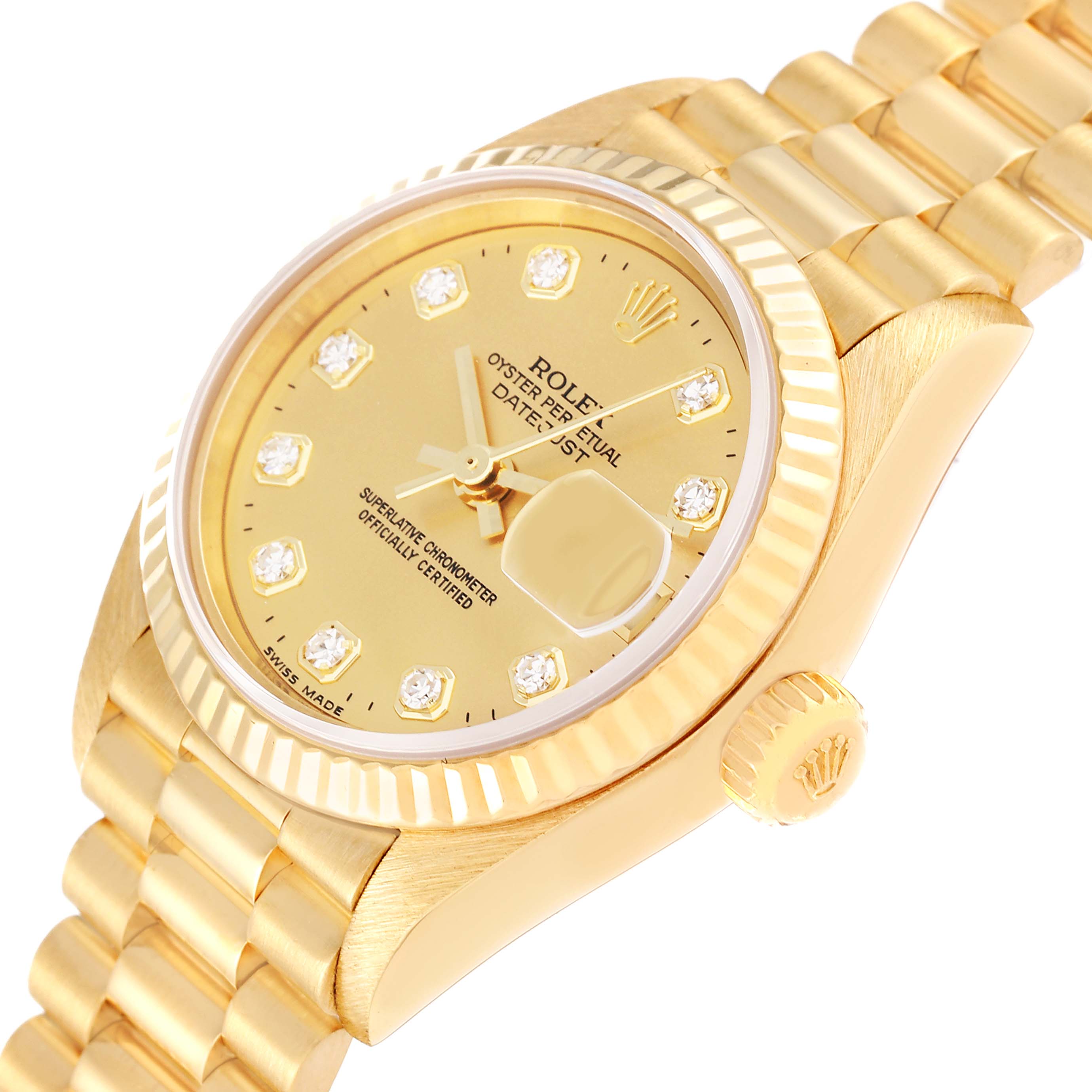 The image shows a close-up angled view of the Rolex President 79178 Women's Yellow Gold Champagne Dial 79178 Women's Yellow Gold Champagne Dial model watch face, bracelet, and crown.