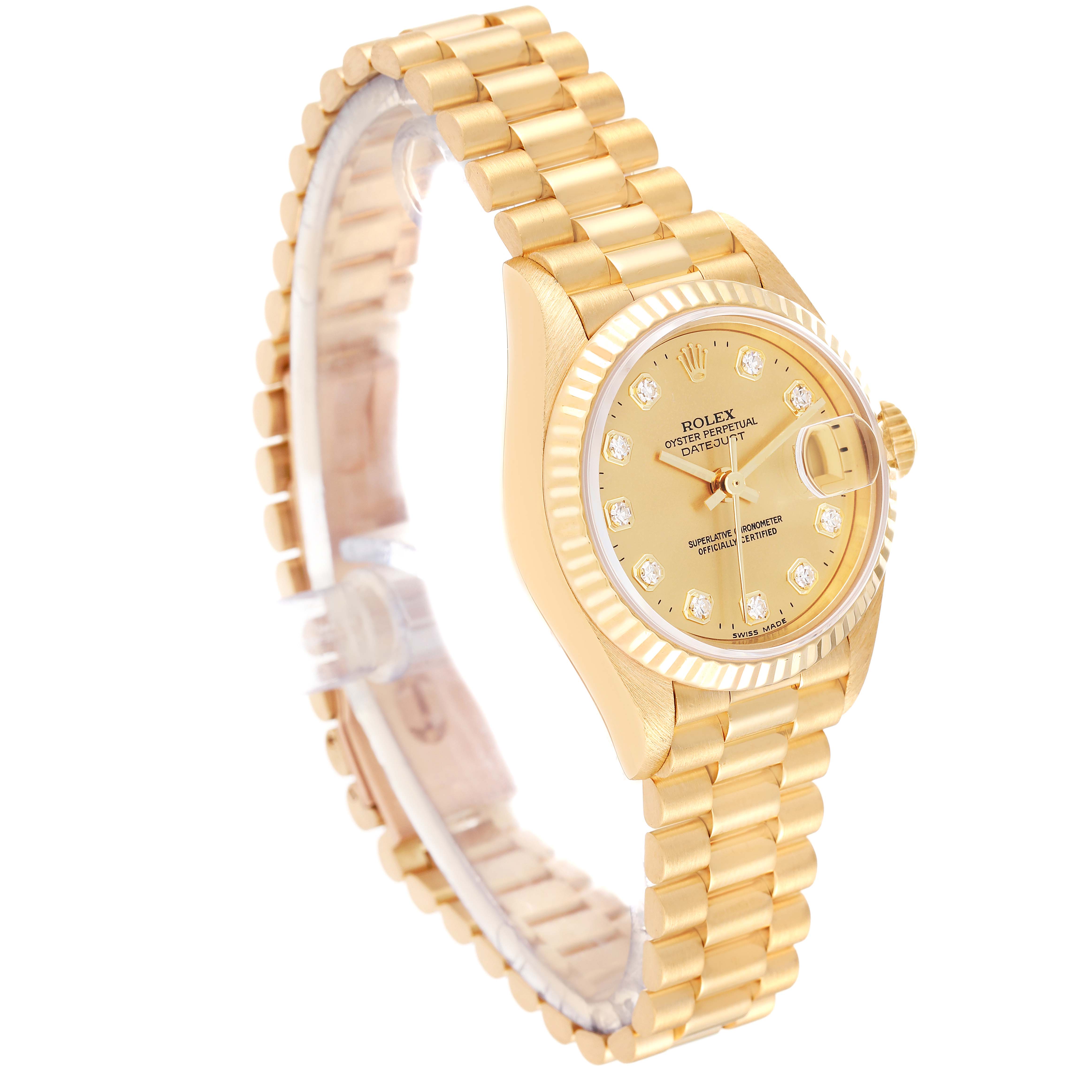 The image shows a Rolex President 79178 Women's Yellow Gold Champagne Dial 79178 Women's Yellow Gold Champagne Dial model wristwatch at a slight side angle, displaying the face, bezel, and bracelet.