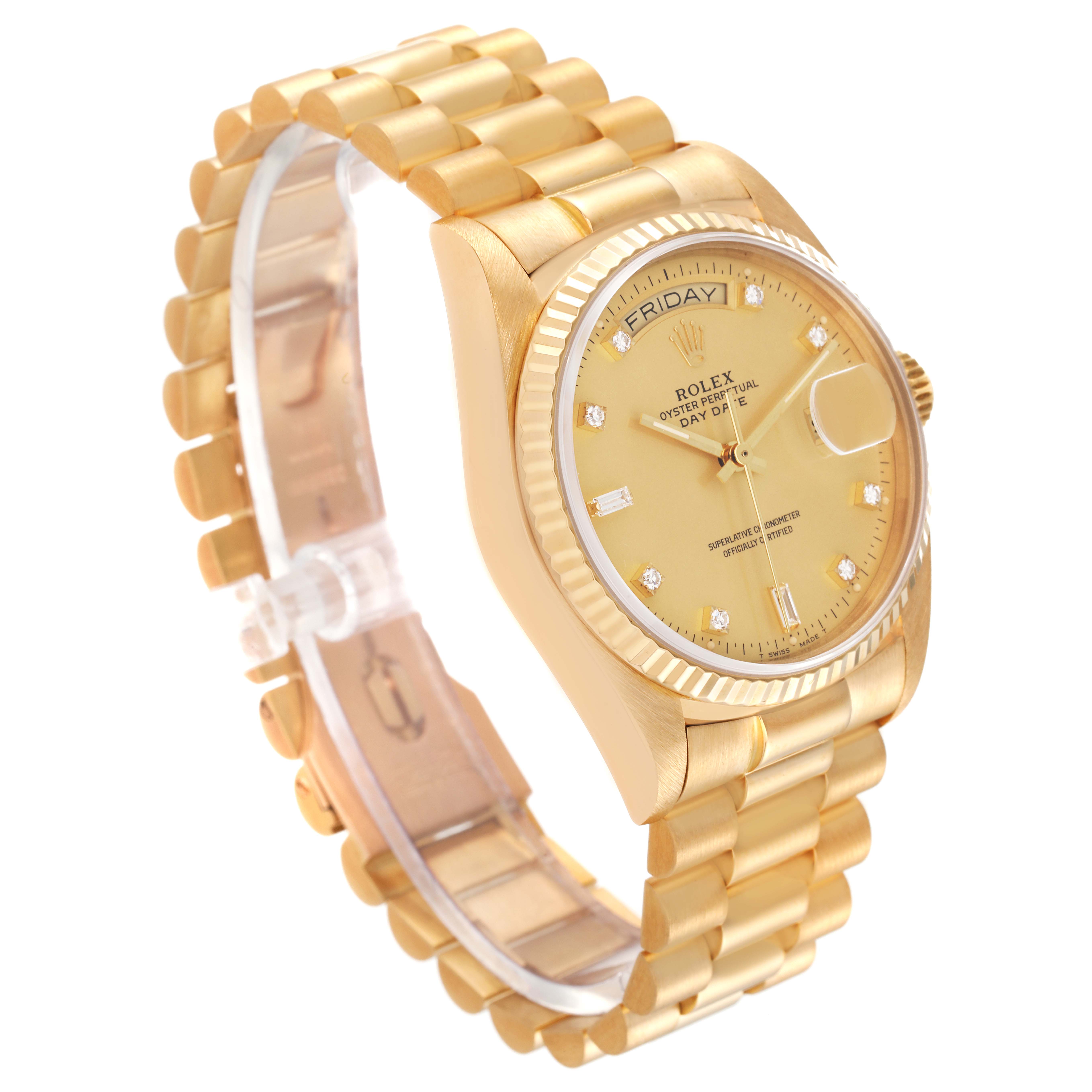 The Rolex President 18038 Men
s Yellow Gold Champagne Dial 18038 Men
s Yellow Gold Champagne Dial model watch is shown at an angle displaying the dial, bezel, crown, and bracelet.