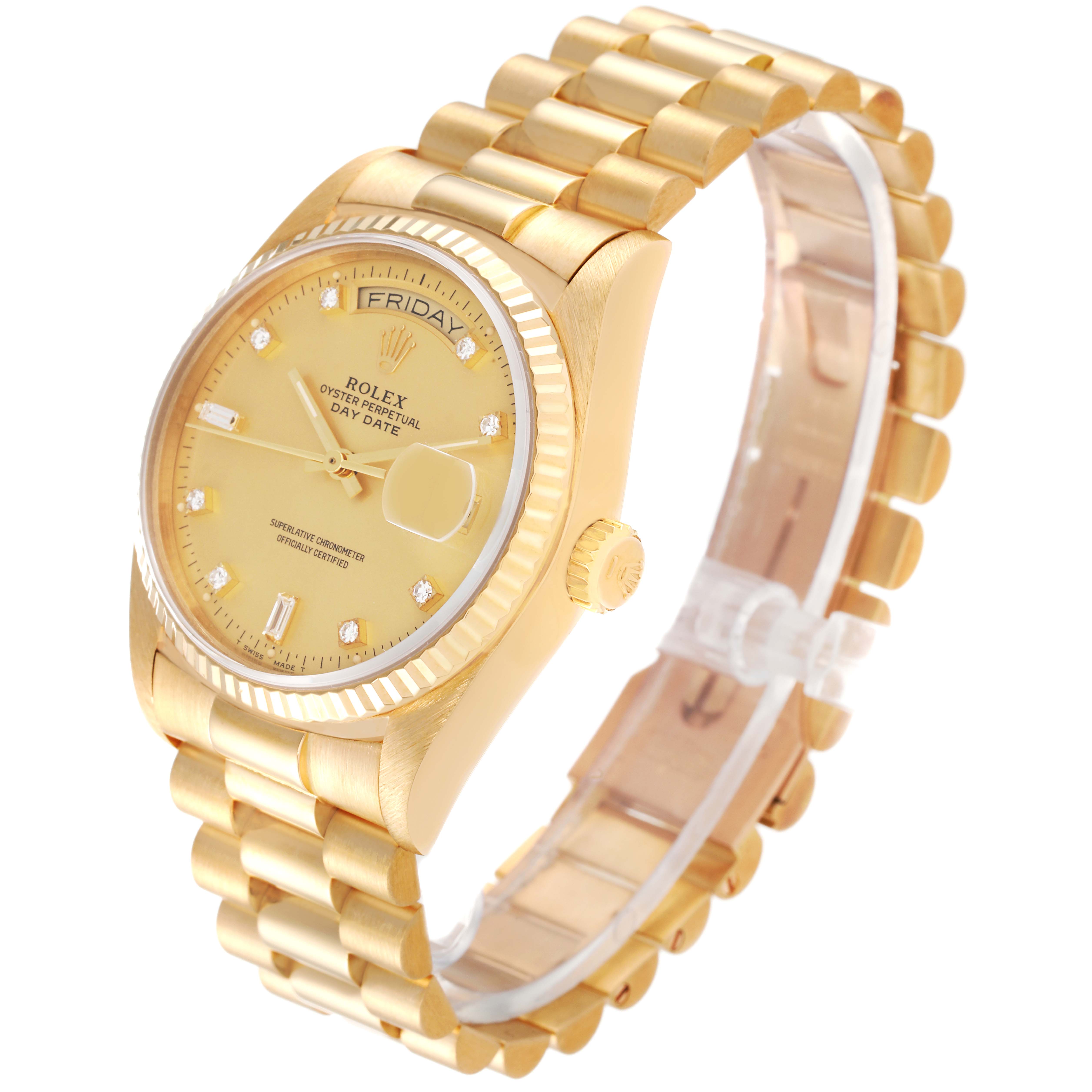 The Rolex President 18038 Men
s Yellow Gold Champagne Dial 18038 Men
s Yellow Gold Champagne Dial model watch is shown at a three-quarter angle, highlighting the face, bezel, crown, and bracelet.