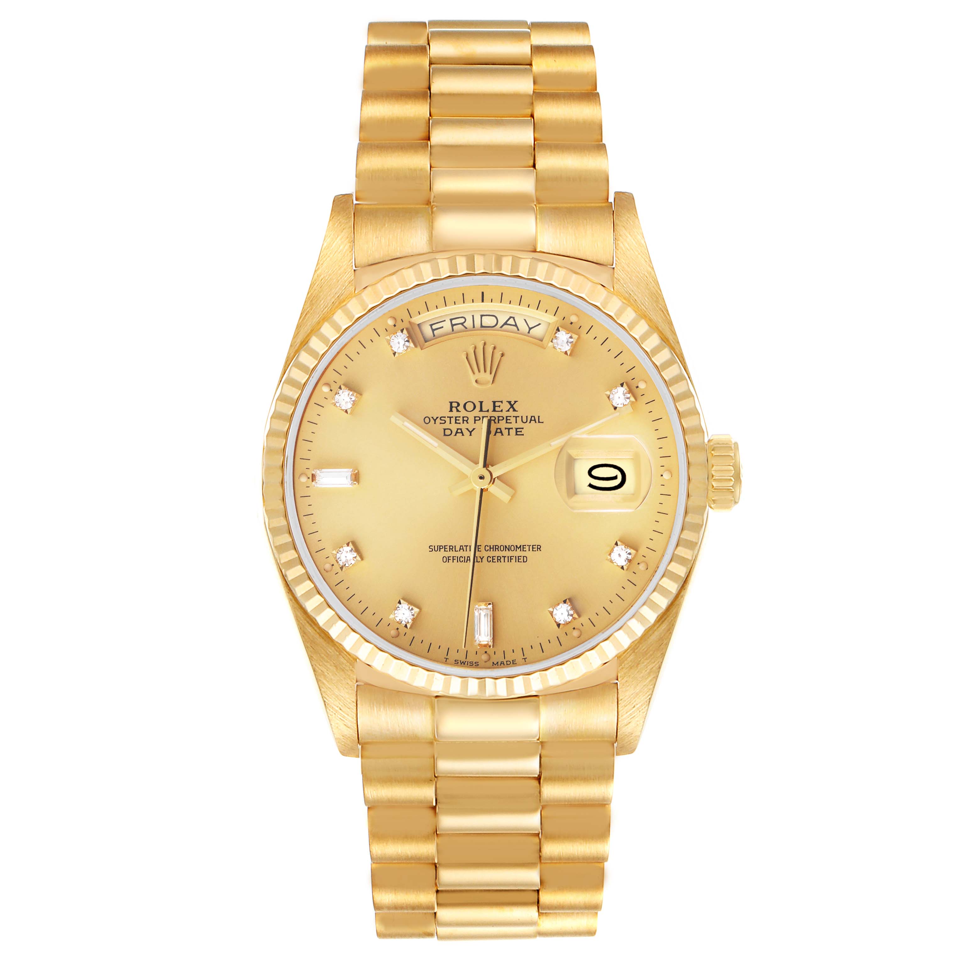 The image shows a front view of a Rolex President 18038 Men
s Yellow Gold Champagne Dial 18038 Men
s Yellow Gold Champagne Dial model watch, displaying the dial, bezel, bracelet, and crown.