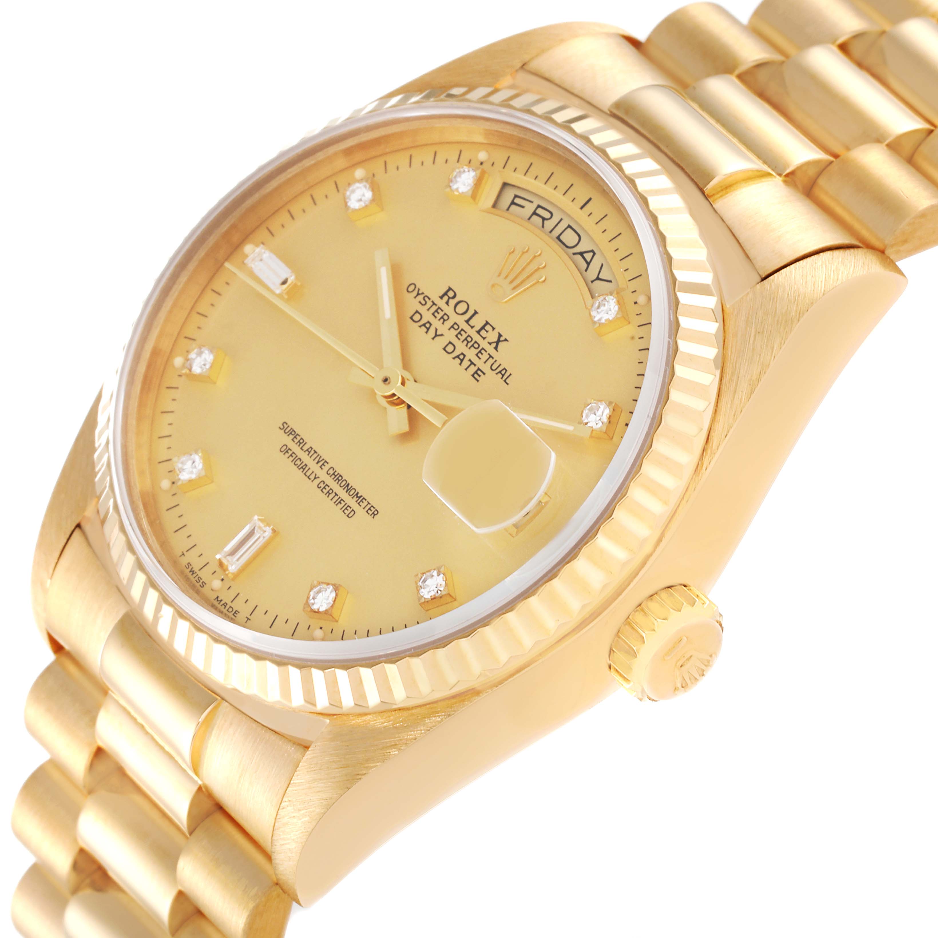 This image shows a close-up angle of the Rolex President 18038 Men
s Yellow Gold Champagne Dial 18038 Men
s Yellow Gold Champagne Dial model watch, highlighting the dial, crown, and part of the bracelet.