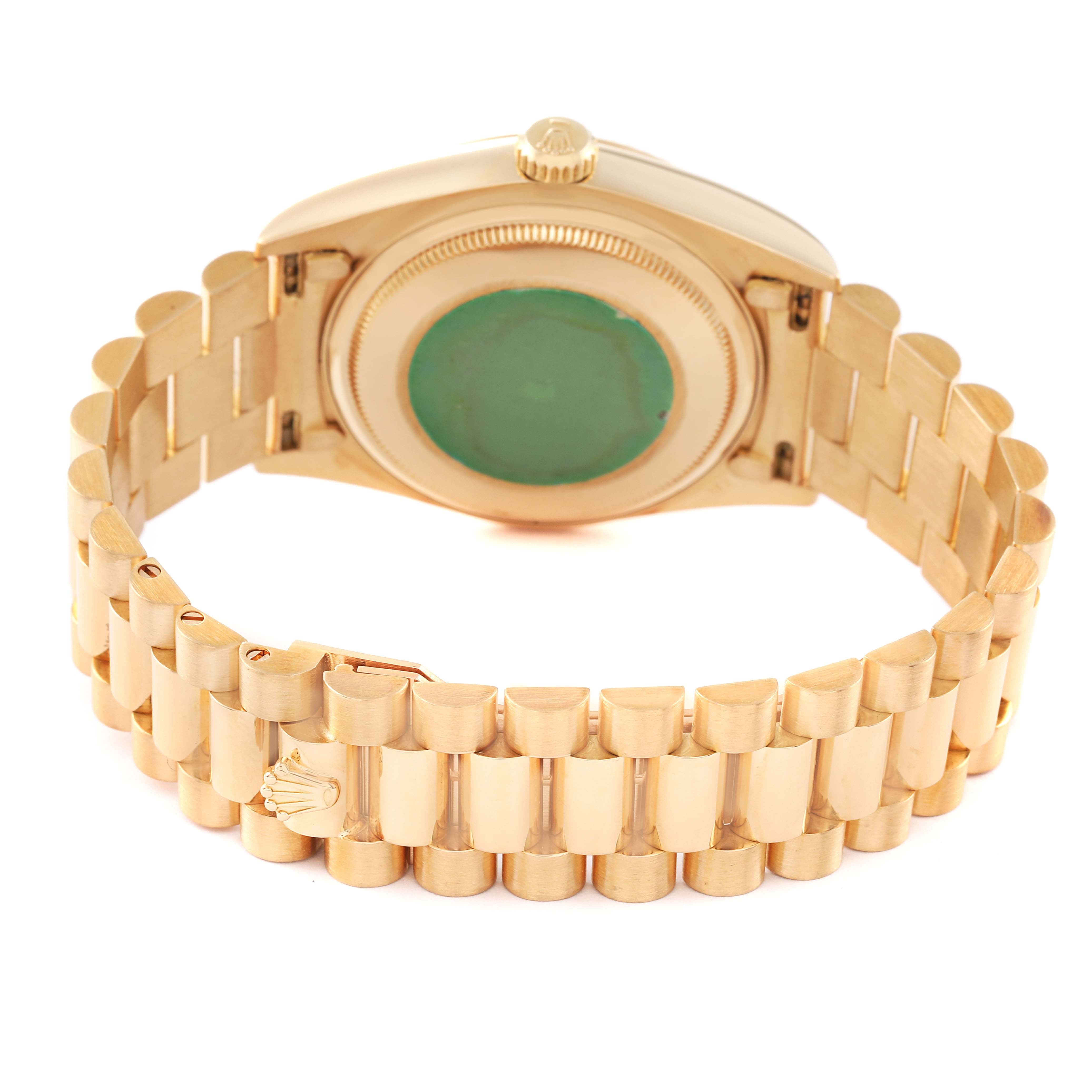 This image shows the back view of a Rolex President 18038 Men
s Yellow Gold Champagne Dial 18038 Men
s Yellow Gold Champagne Dial model watch, including the case and bracelet.