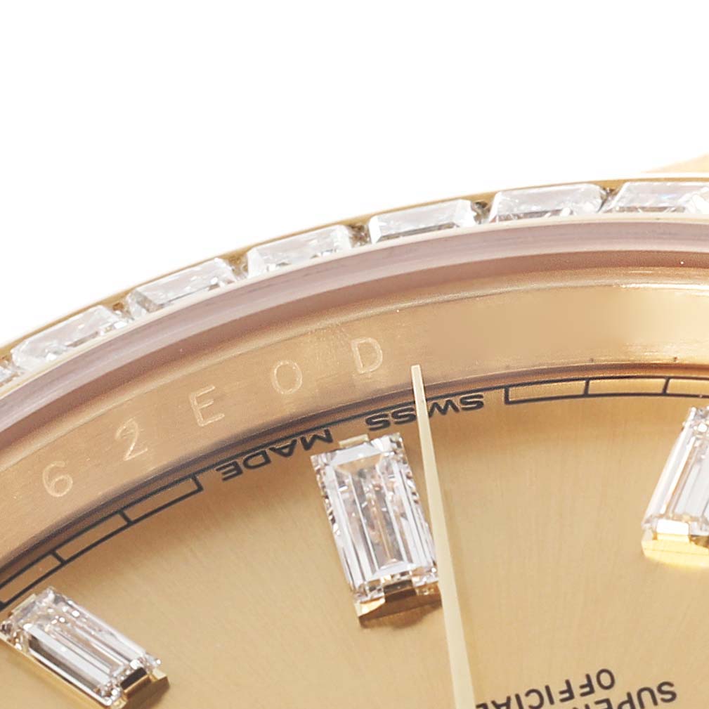 The angle shows a close-up of the Rolex President M228398TBR-0036 Men's Yellow Gold Champagne Dial M228398TBR-0036 Men's Yellow Gold Champagne Dial model, focusing on the bezel, dial, and a portion of the indices.