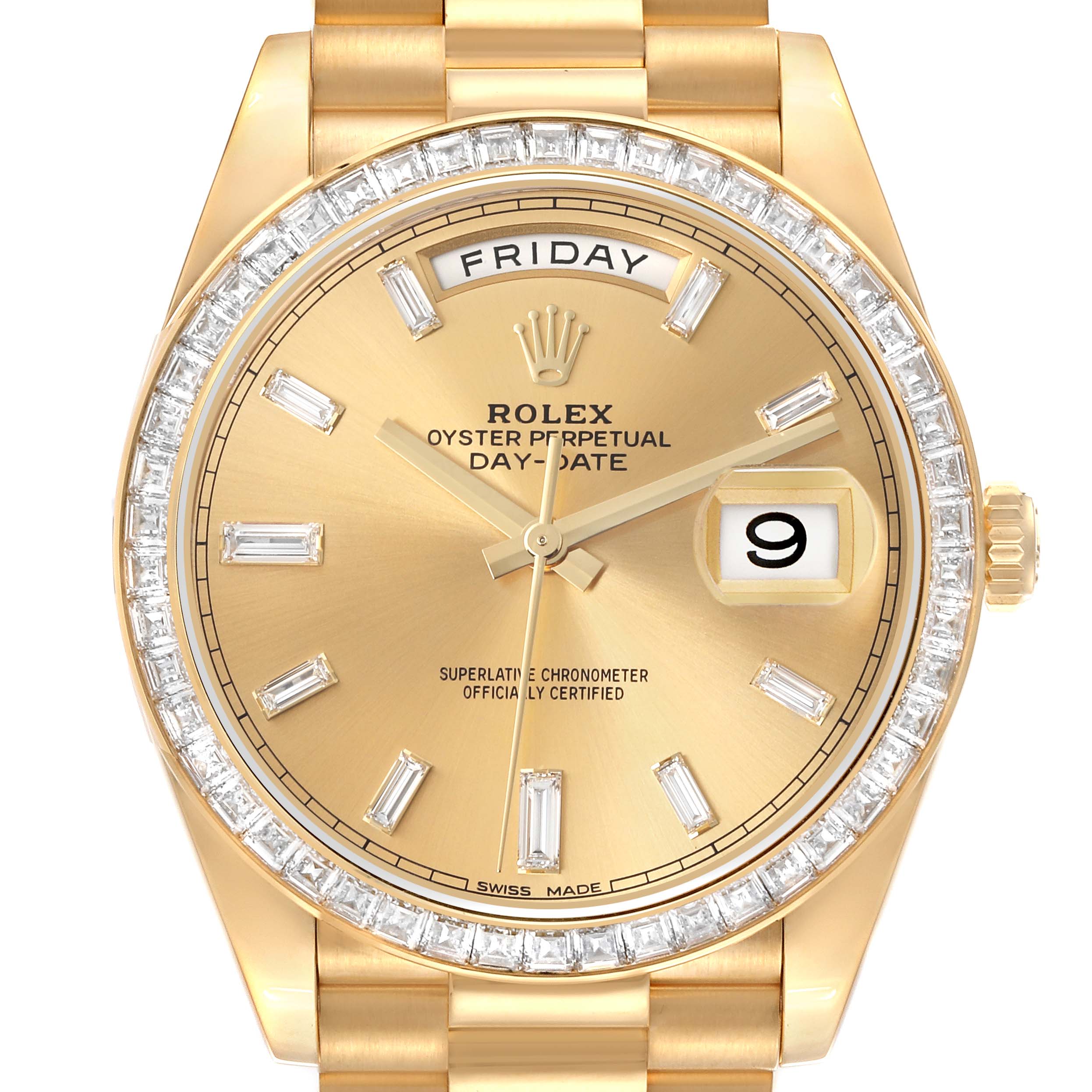 The Rolex President M228398TBR-0036 Men's Yellow Gold Champagne Dial M228398TBR-0036 Men's Yellow Gold Champagne Dial model is shown from the front, displaying the face, dial, bezel, and part of the bracelet.