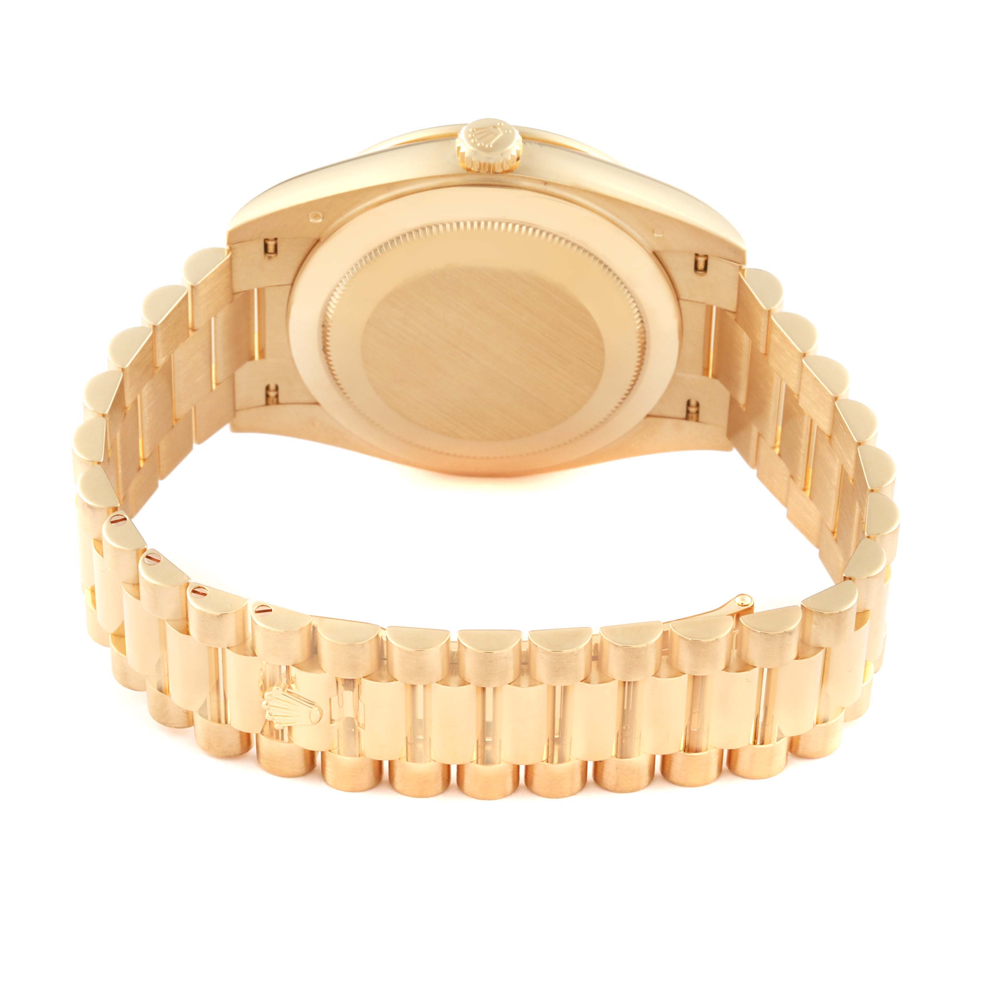 The image shows the back case and bracelet of the Rolex President M228398TBR-0036 Men's Yellow Gold Champagne Dial M228398TBR-0036 Men's Yellow Gold Champagne Dial watch at an angled rear view.