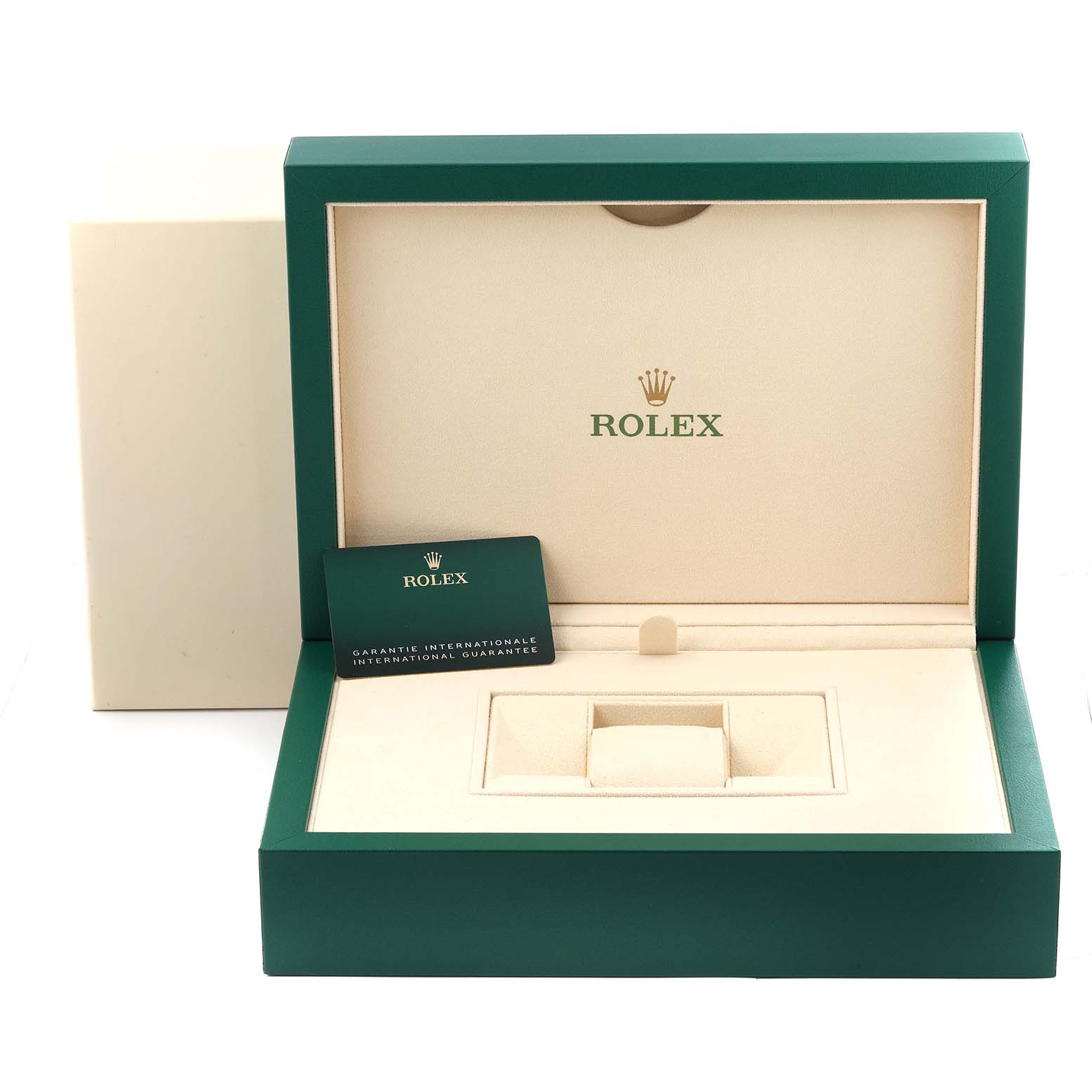 The image shows a Rolex President M228398TBR-0036 Men's Yellow Gold Champagne Dial M228398TBR-0036 Men's Yellow Gold Champagne Dial model watch box, open to reveal the storage compartment and guarantee card.