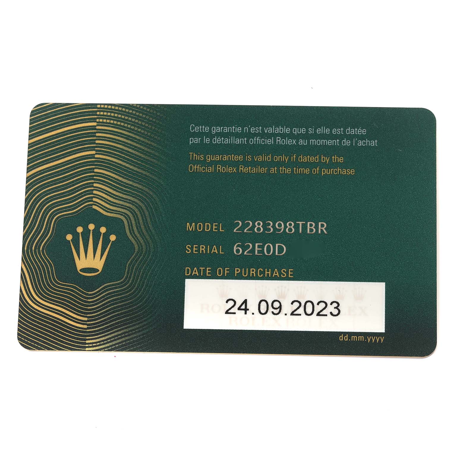 The image shows a warranty card for a Rolex President M228398TBR-0036 Men's Yellow Gold Champagne Dial M228398TBR-0036 Men's Yellow Gold Champagne Dial model watch.