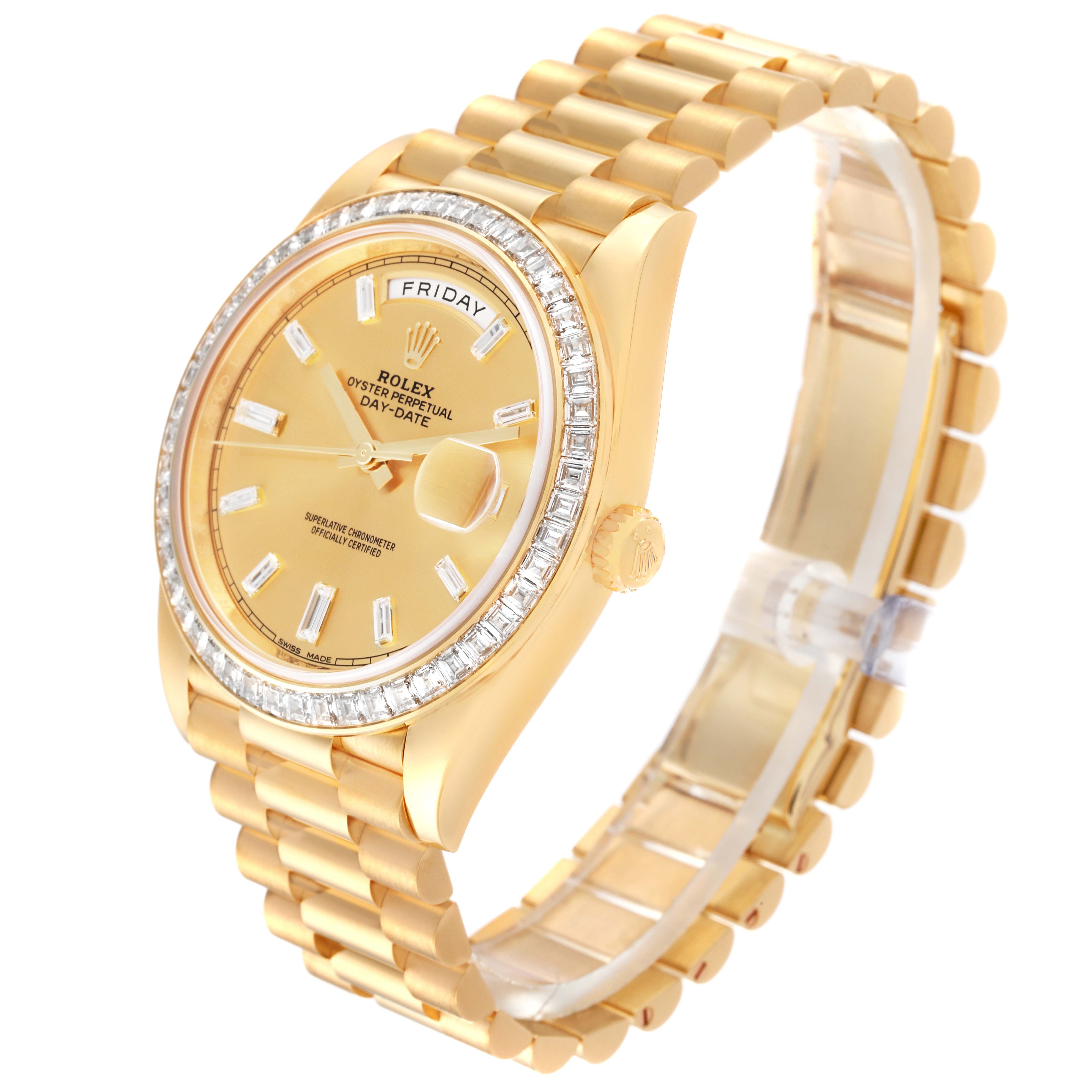 The Rolex President M228398TBR-0036 Men's Yellow Gold Champagne Dial M228398TBR-0036 Men's Yellow Gold Champagne Dial watch is shown at a three-quarter angle displaying the face, bezel, crown, and part of the bracelet.