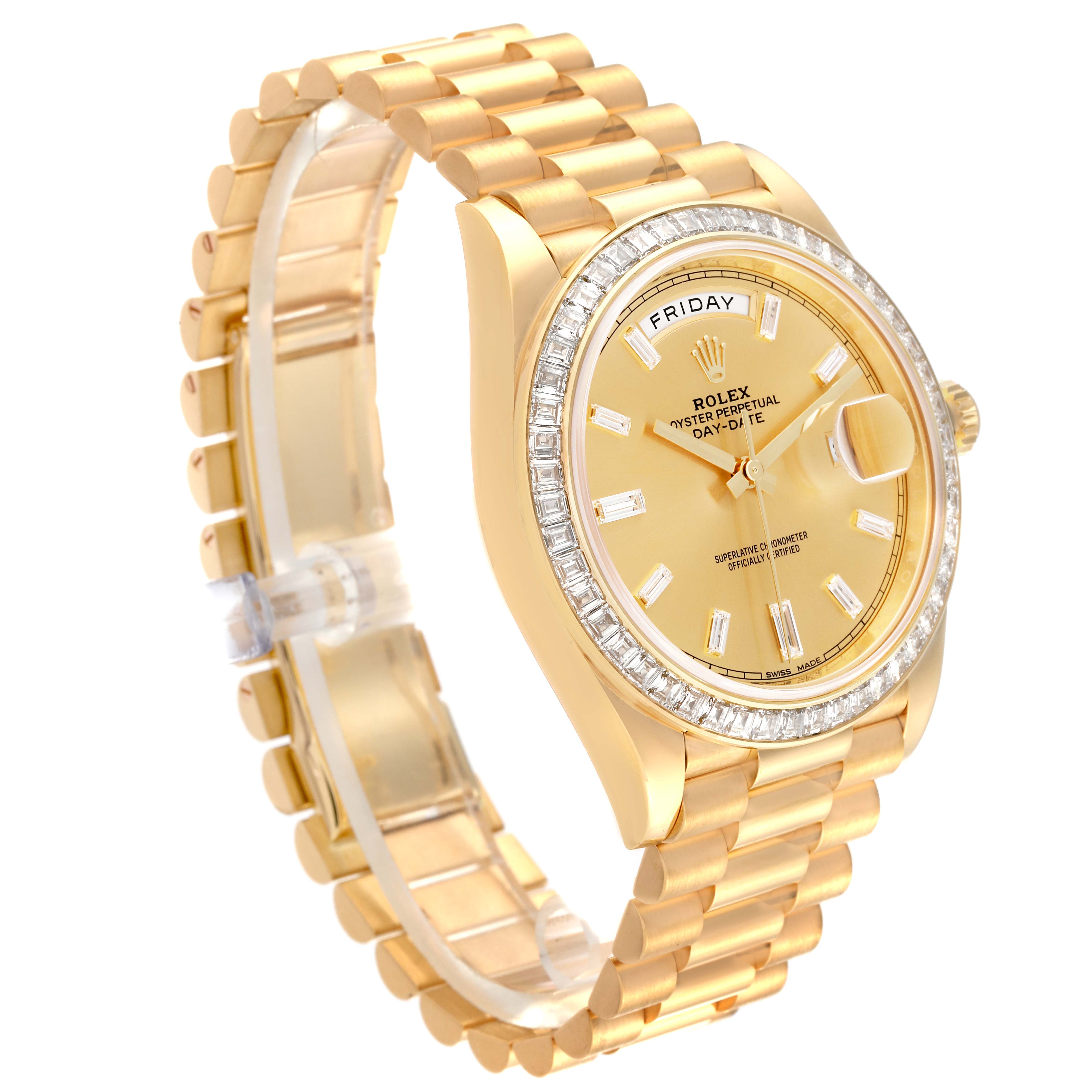 The Rolex President M228398TBR-0036 Men's Yellow Gold Champagne Dial M228398TBR-0036 Men's Yellow Gold Champagne Dial watch is shown at a left angle, displaying the face, bezel, bracelet, and side profile.