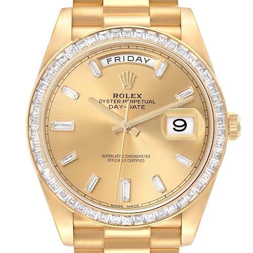 The Rolex President watch is shown from the front, highlighting the face, bezel, and part of the bracelet.