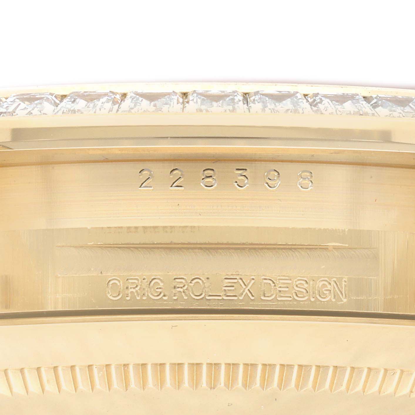 The image shows a close-up of the side of a Rolex President M228398TBR-0036 Men's Yellow Gold Champagne Dial M228398TBR-0036 Men's Yellow Gold Champagne Dial watch, highlighting its serial and model numbers.