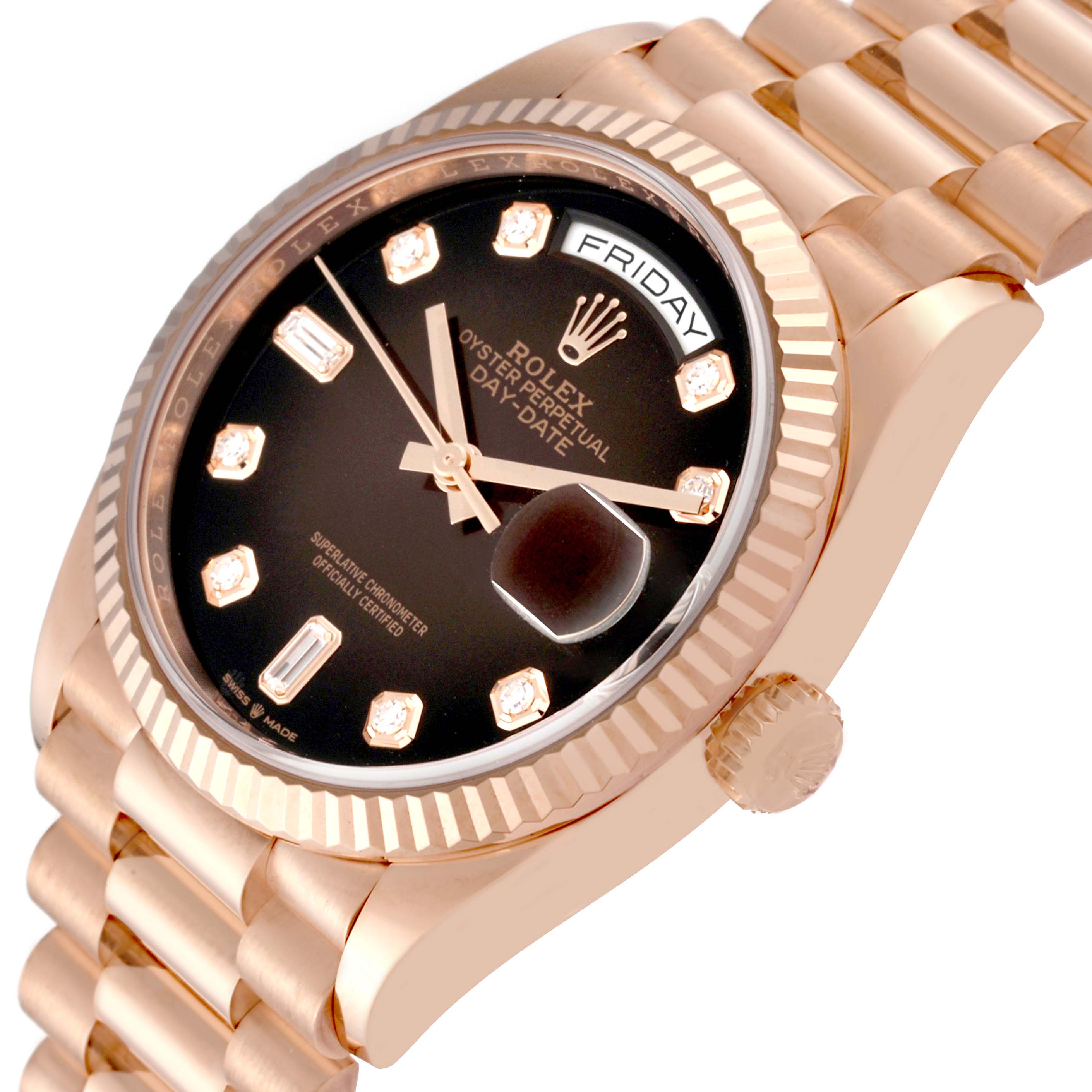 The image shows a Rolex President 128235 Men
s Rose Gold Brown Dial 128235 Men
s Rose Gold Brown Dial watch at an angled side view, highlighting its face, fluted bezel, and bracelet.