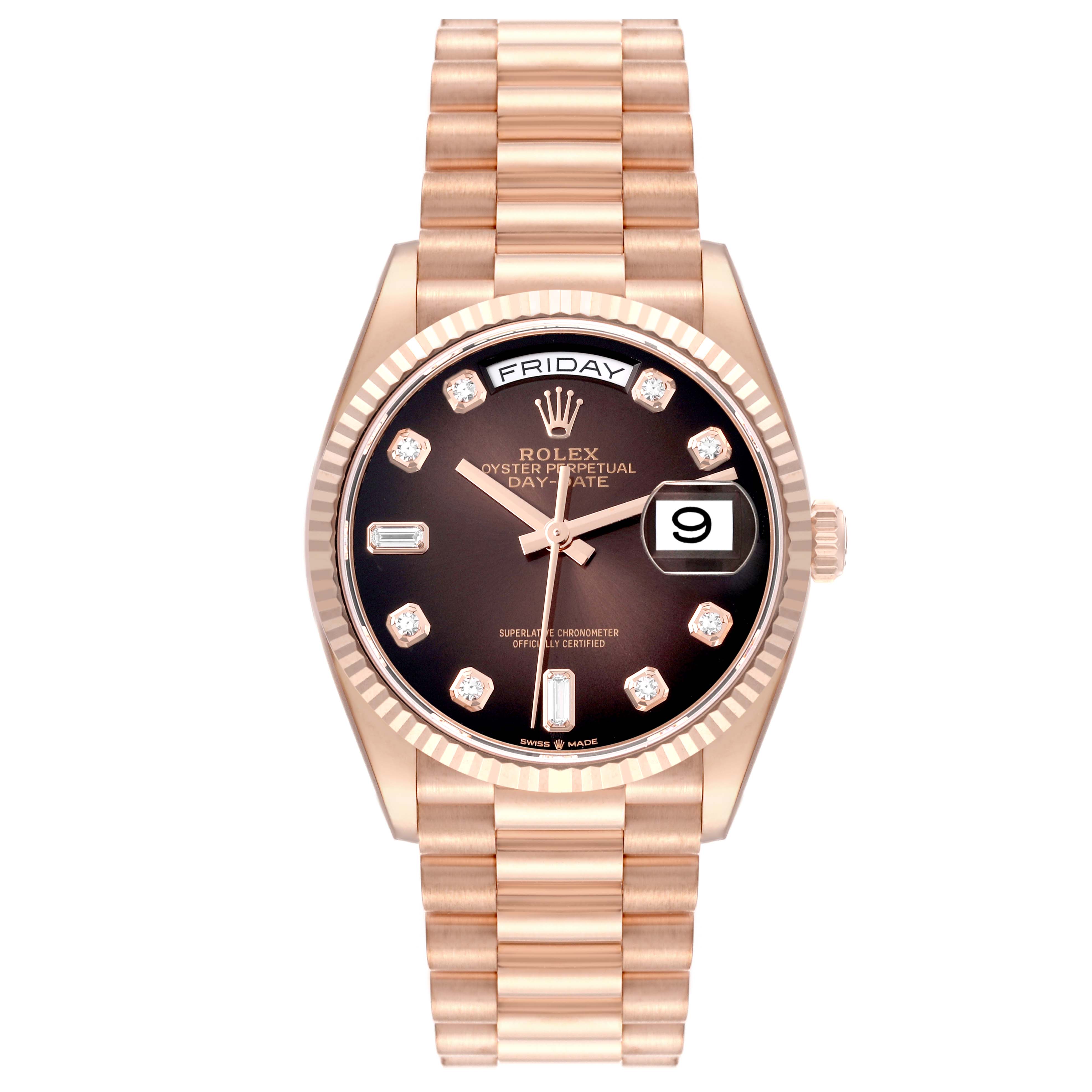 The Rolex President 128235 Men
s Rose Gold Brown Dial 128235 Men
s Rose Gold Brown Dial model is shown from the front, displaying its watch face, bracelet, and bezel.