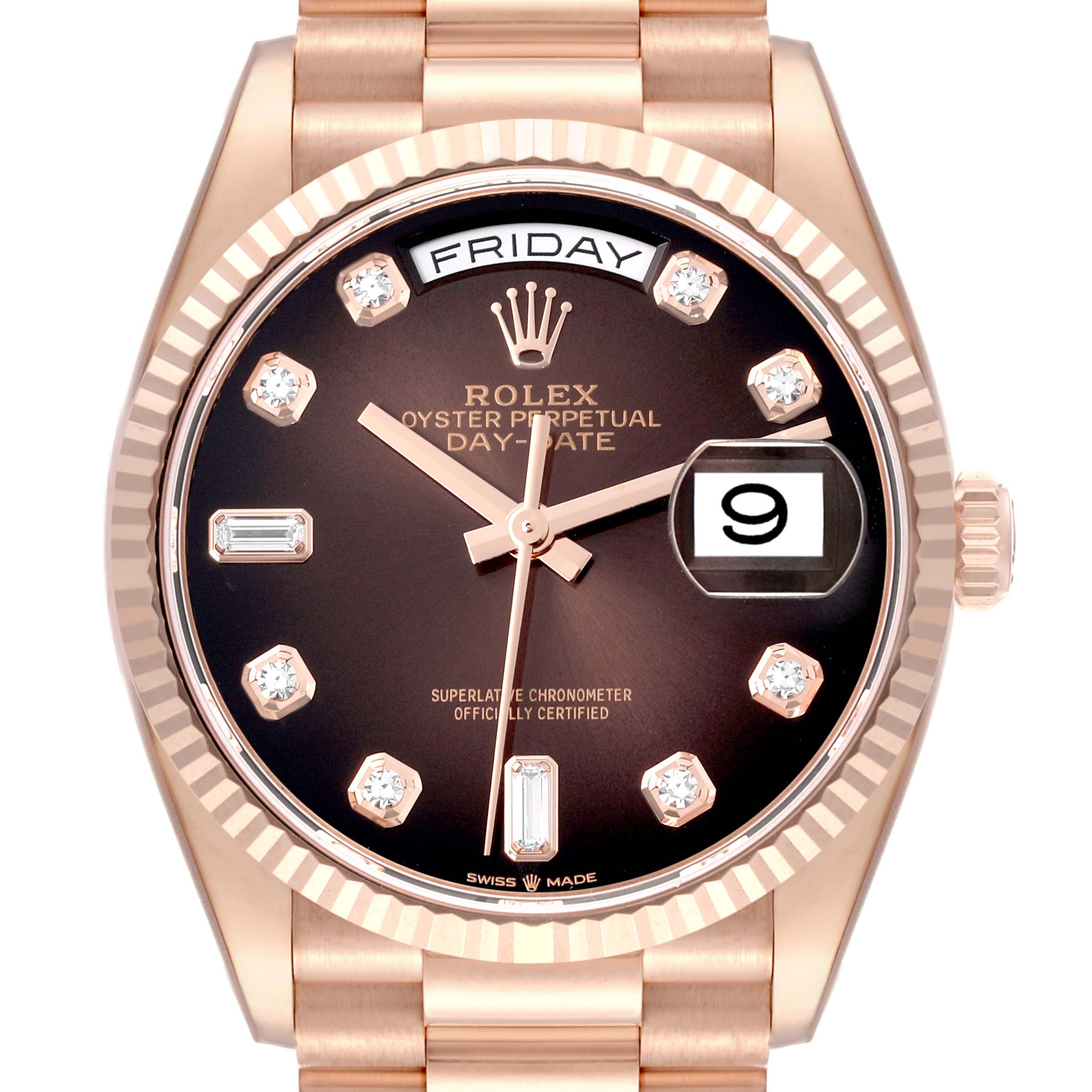 The Rolex President 128235 Men
s Rose Gold Brown Dial 128235 Men
s Rose Gold Brown Dial watch is shown from the front, highlighting its face, bezel, and part of the bracelet.