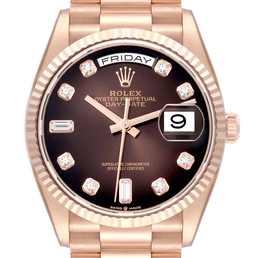 The Rolex President watch is shown from the front, highlighting its face, bezel, and part of the bracelet.