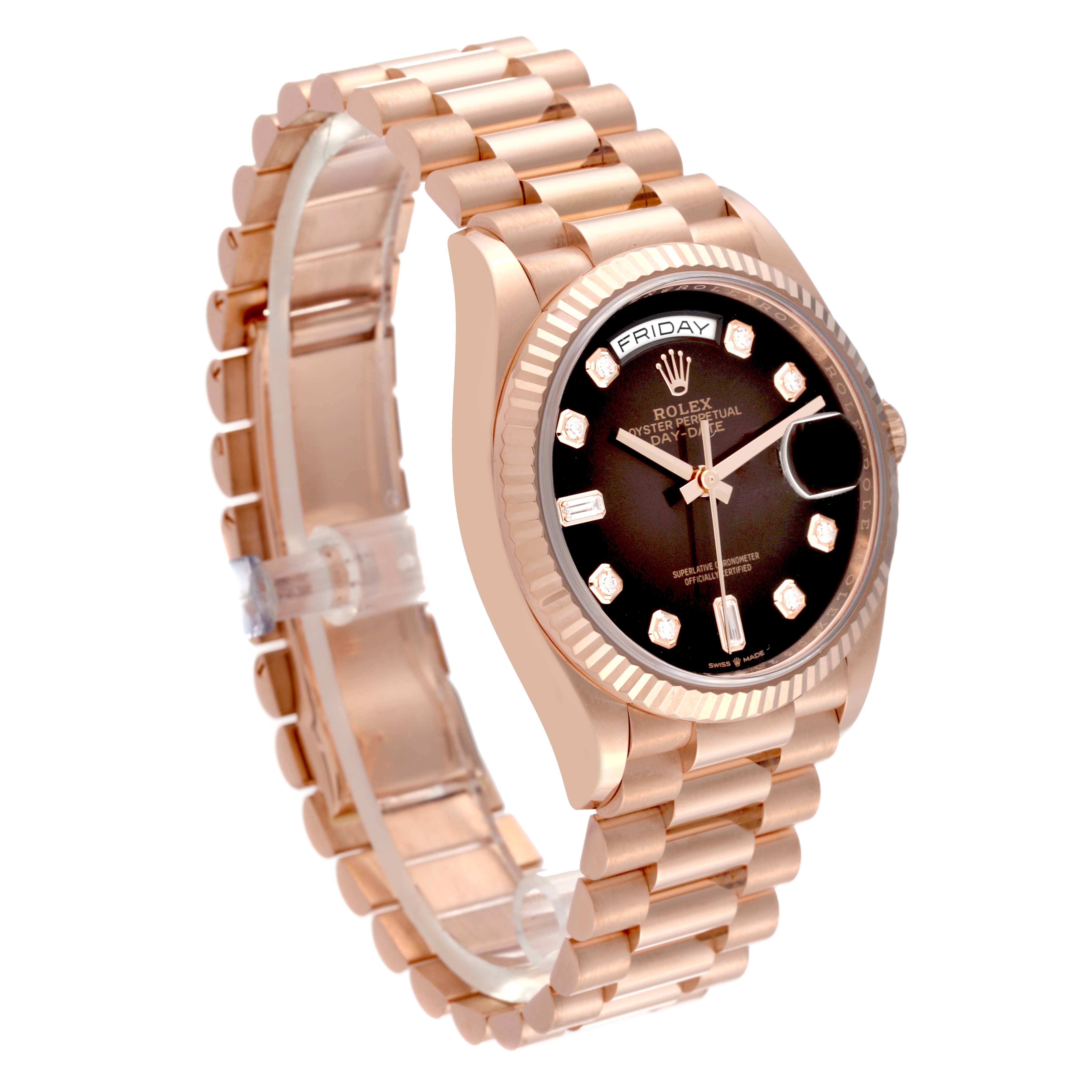 The Rolex President 128235 Men
s Rose Gold Brown Dial 128235 Men
s Rose Gold Brown Dial model watch is shown from a side angle, featuring the band, face, and bezel.