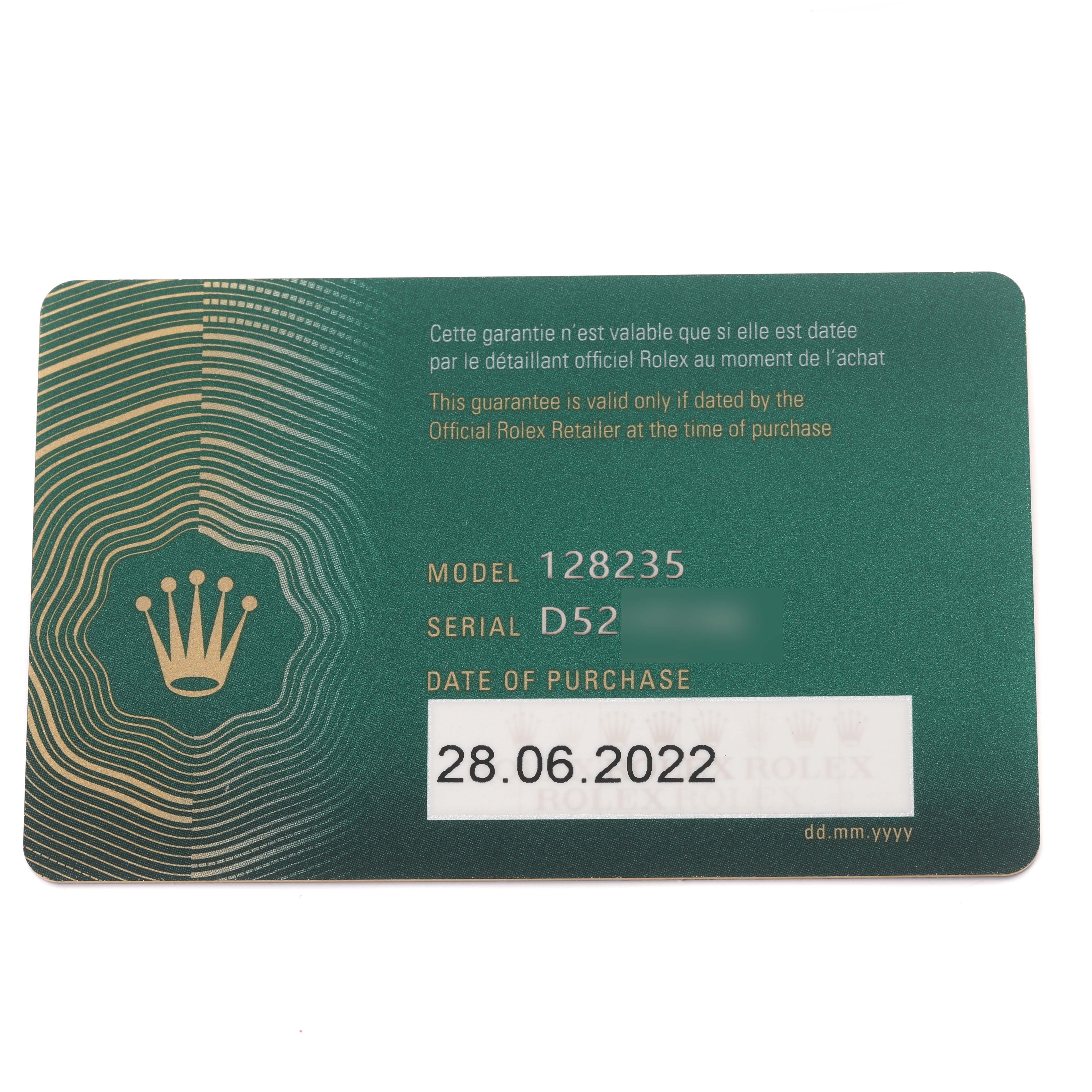 The image shows a Rolex guarantee card for the President model, with model number, serial number, and purchase date displayed.