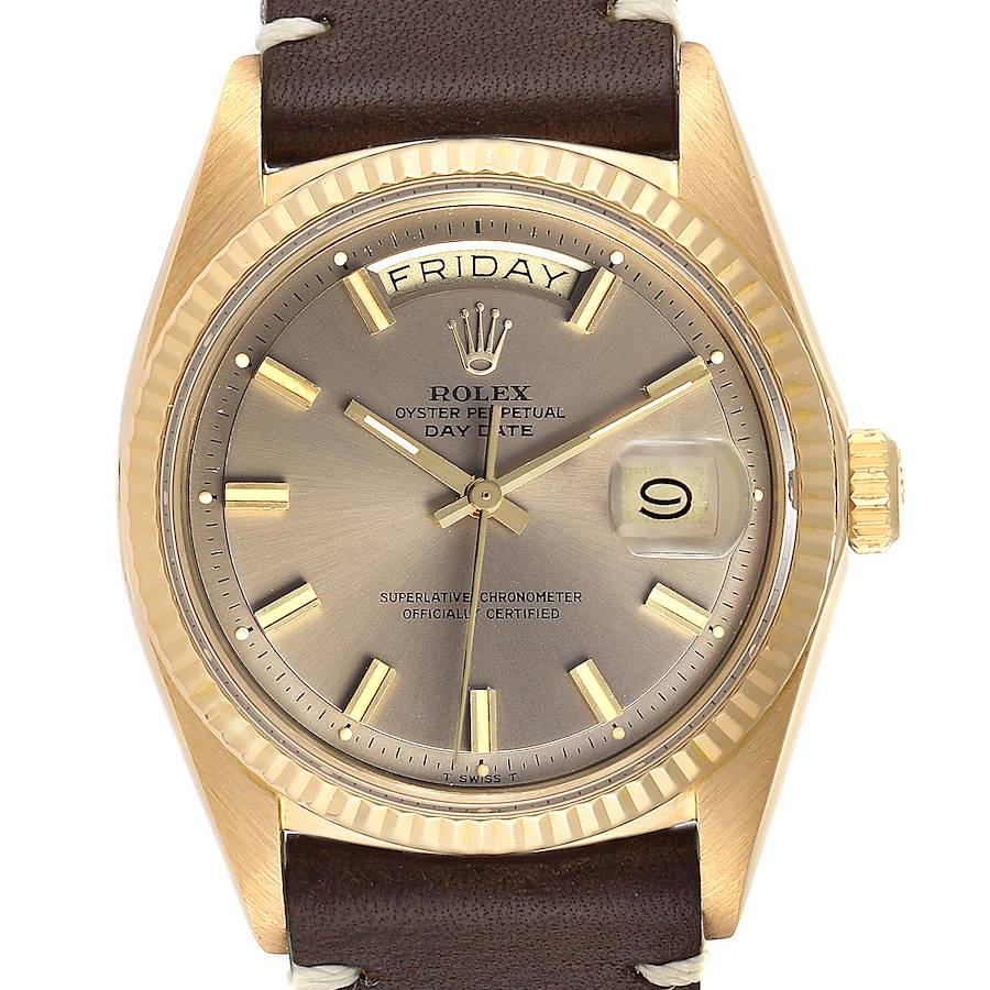 Rolex President Day-Date Vintage Yellow Gold Brown Strap Mens Watch 1803 SwissWatchExpo