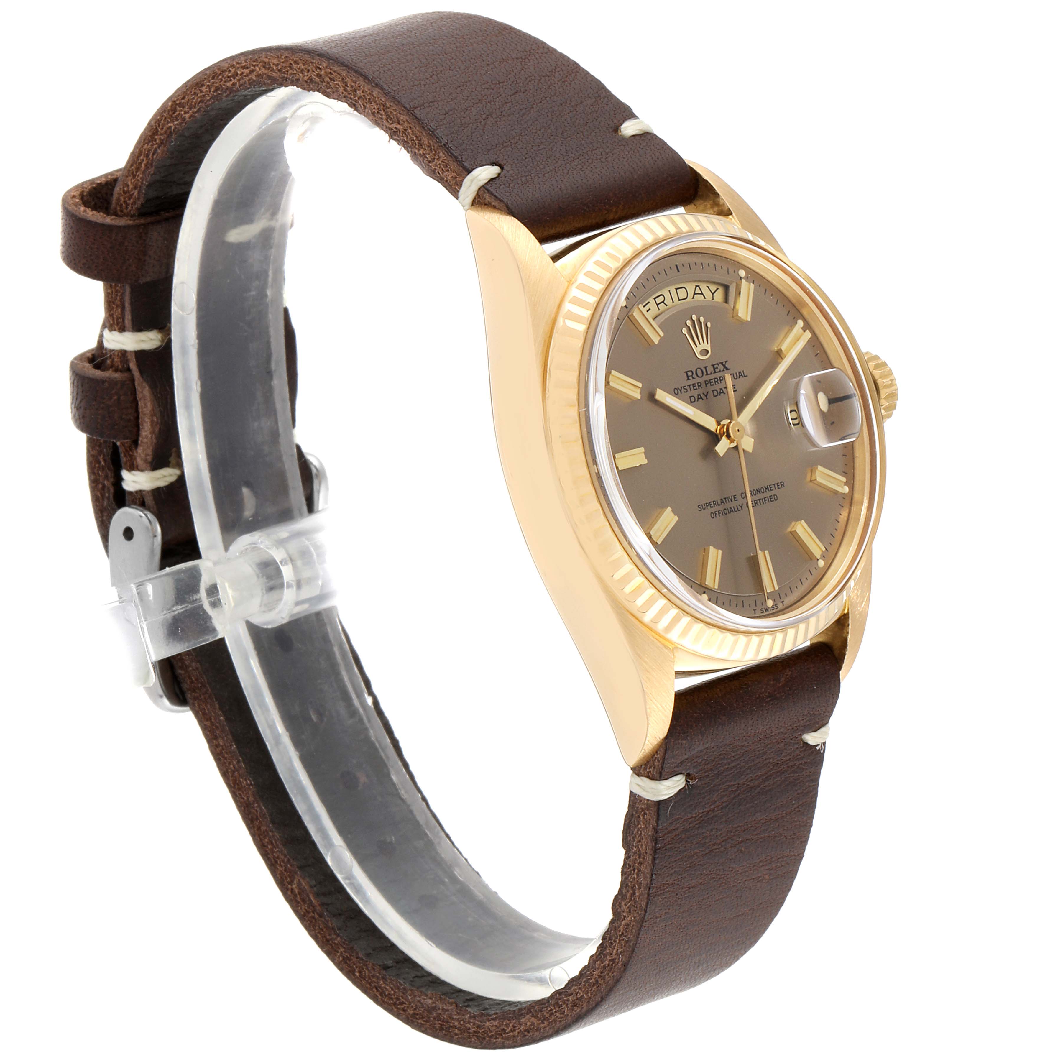 The Rolex President 1803 Men
s Yellow Gold Silver Dial 1803 Men
s Yellow Gold Silver Dial model is shown at an angle, featuring the watch face, crown, case, and a brown leather strap.