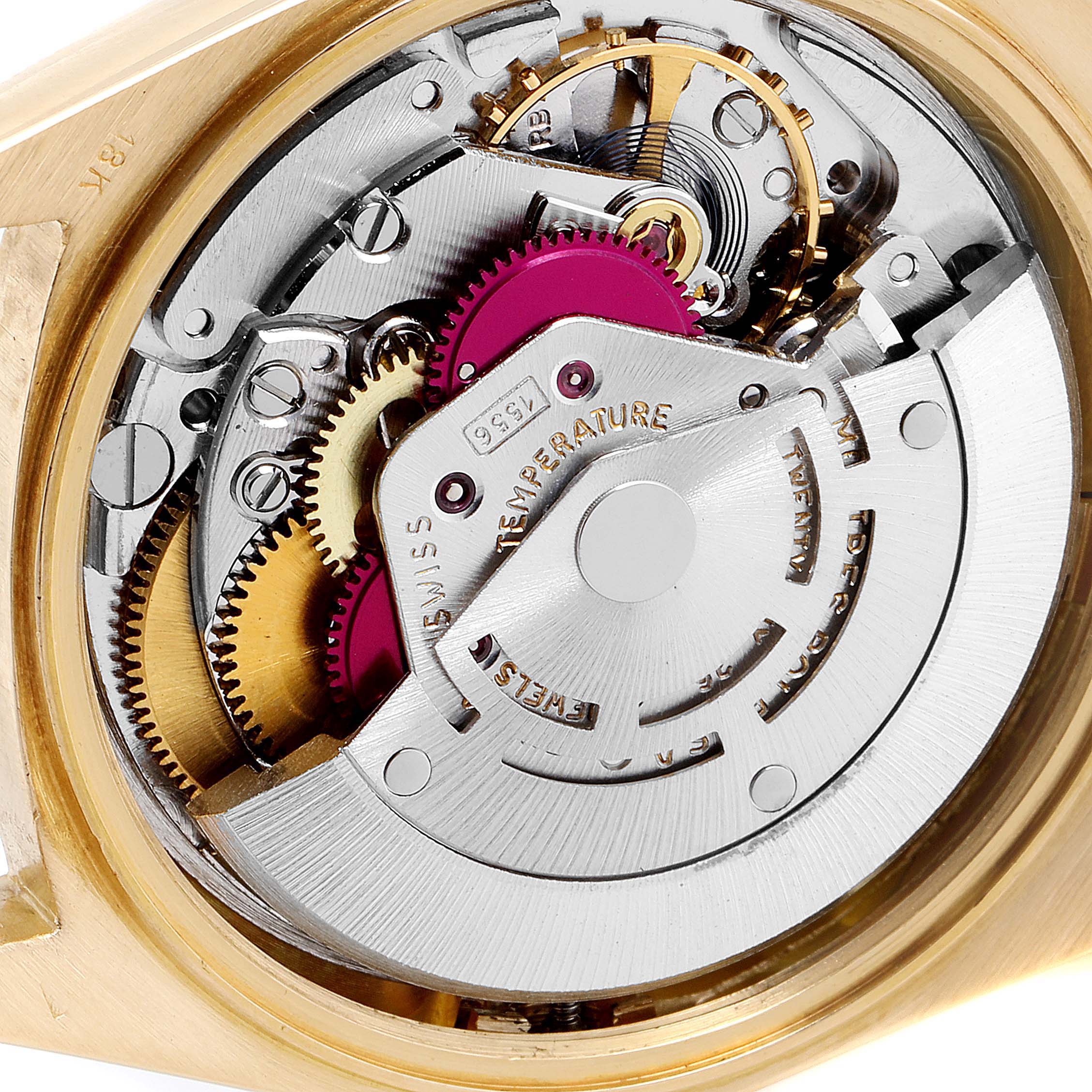 This image shows the intricate internal mechanism of the Rolex President 1803 Men
s Yellow Gold Silver Dial 1803 Men
s Yellow Gold Silver Dial model watch viewed from the back.